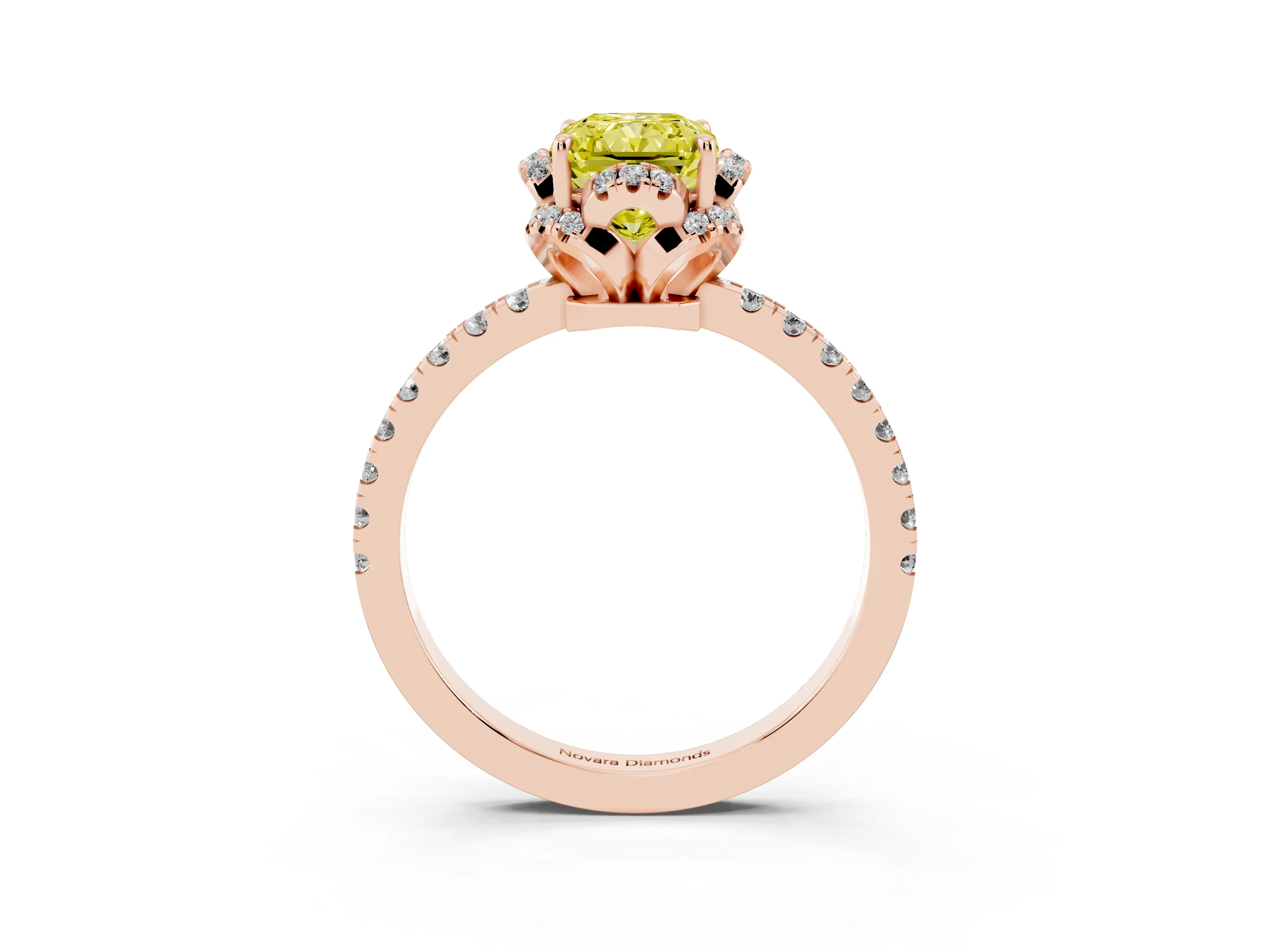 Fancy Yellow Radiant Cut Diamond Halo Pavé Band Ring Set in Rose gold with Prong-Held Center