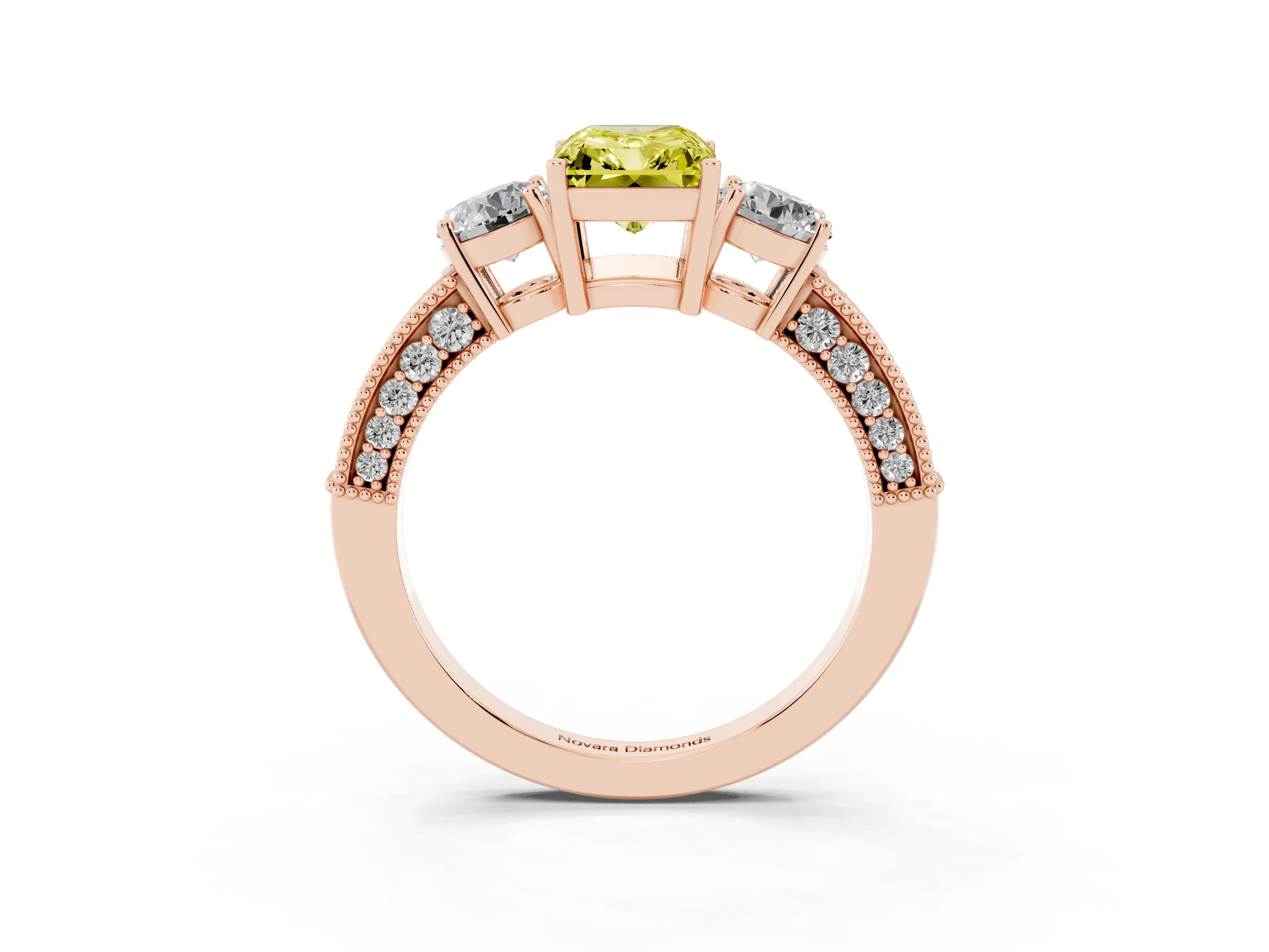 Fancy Yellow Radiant Cut Diamond Three-Stone Ring Set in Rose gold with Round Side Stones and Pavé Band