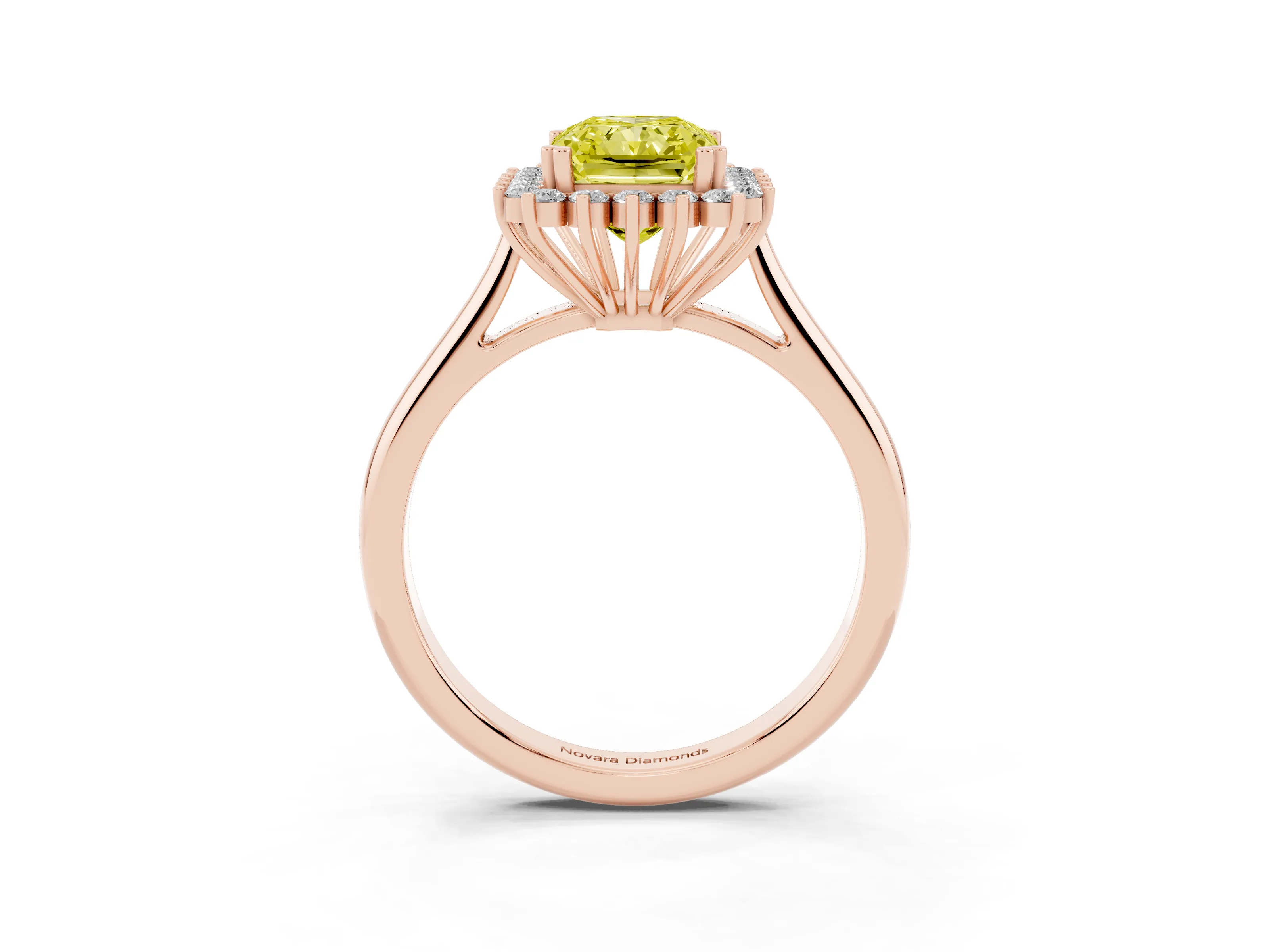 Fancy Yellow Radiant Cut Diamond Halo Ring Set in Rose gold with Plain Solitaire Band and Prong Setting