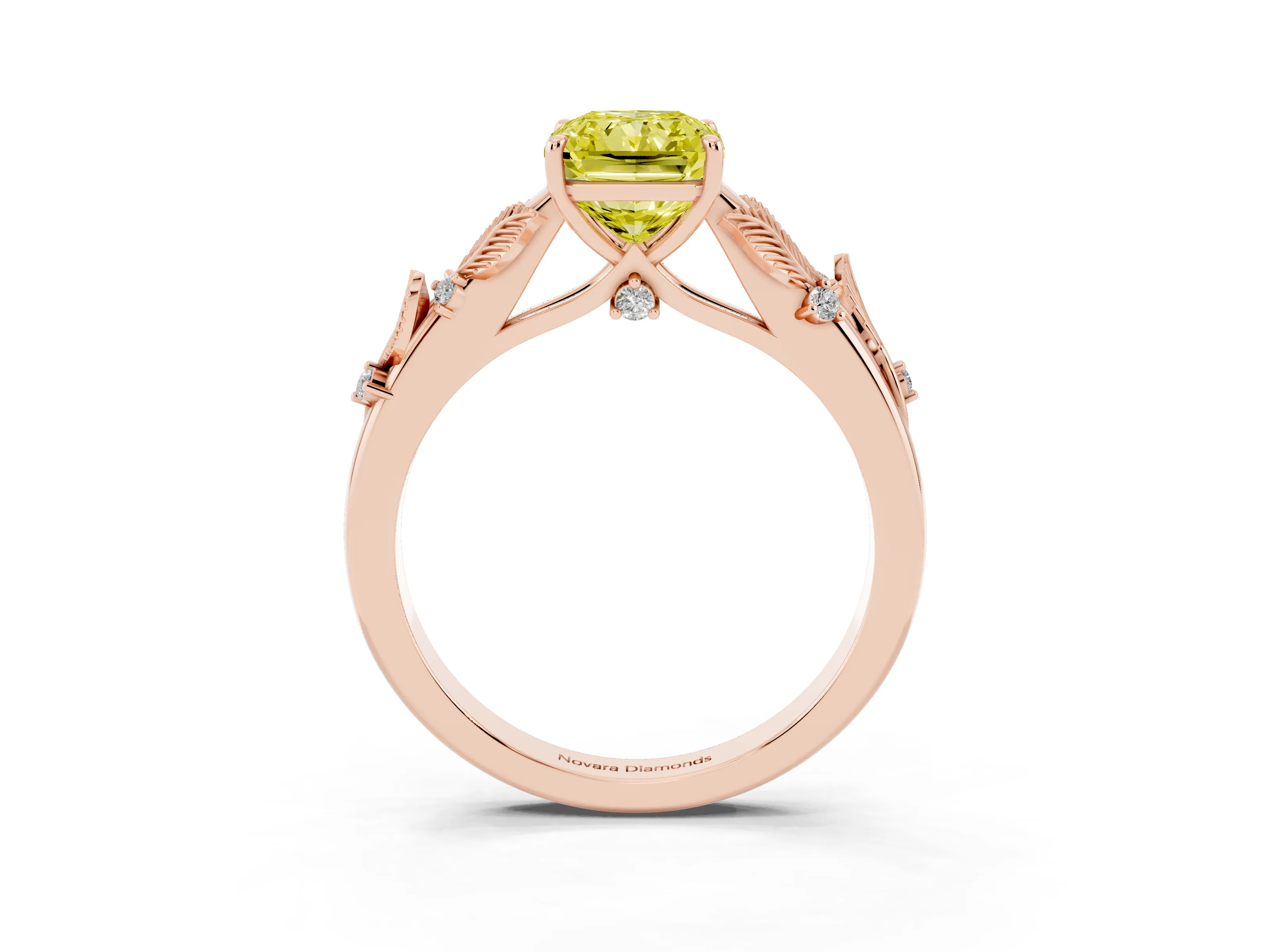 Fancy Yellow Radiant Cut Diamond Solitaire Ring Set in Rose gold with Leaf Motif Band