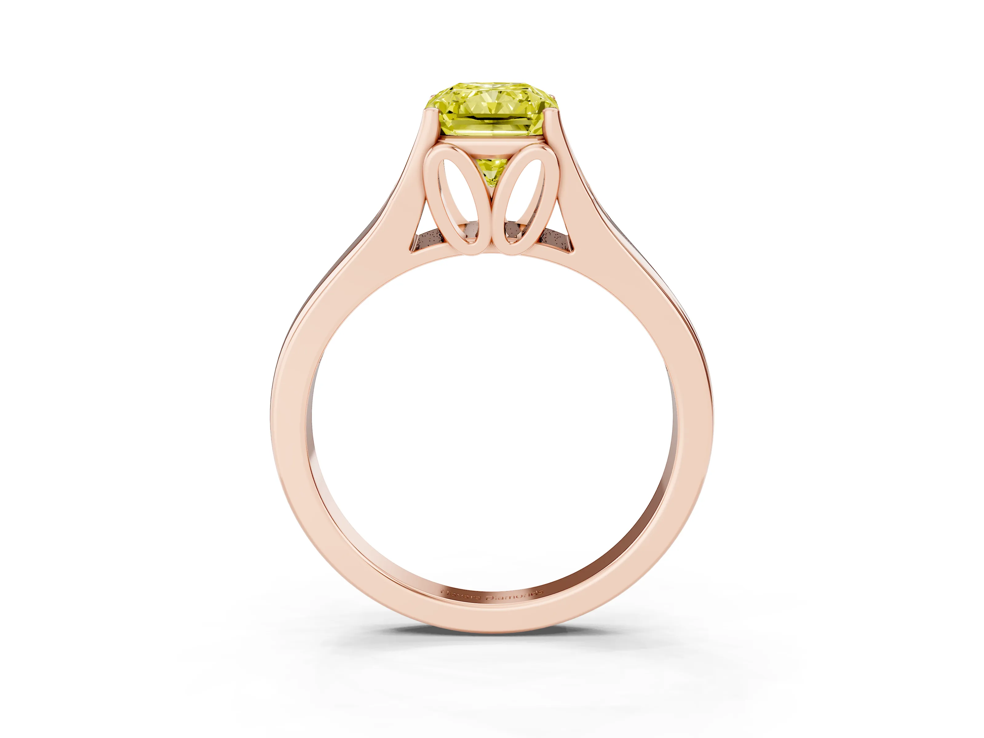 Fancy Yellow Radiant Cut Diamond Solitaire Ring Set in Rose gold with Arched Cathedral Band and Prong Setting