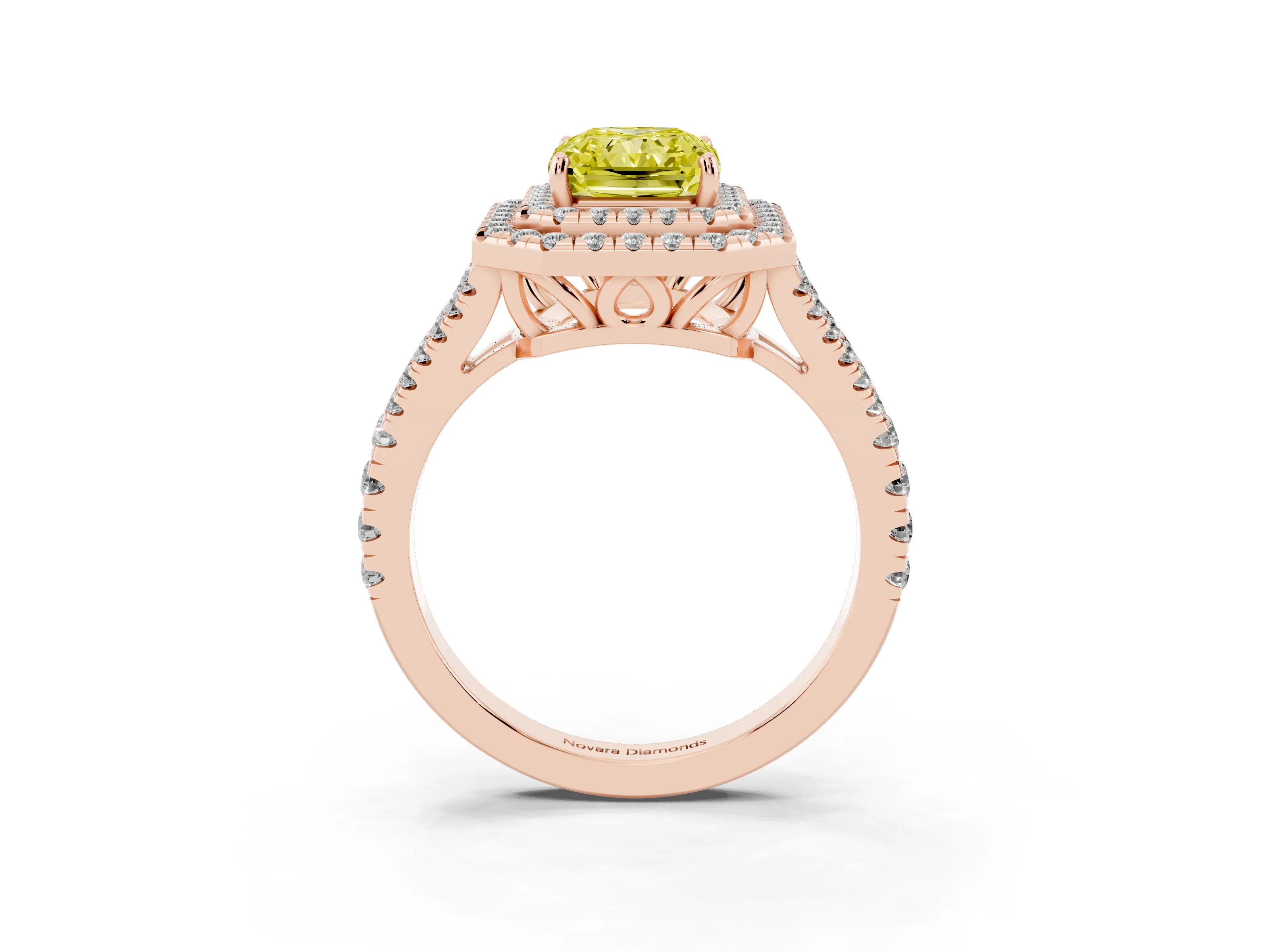 Fancy Yellow Radiant Cut Diamond Double Halo Ring Set in Rose gold with Pavé Band