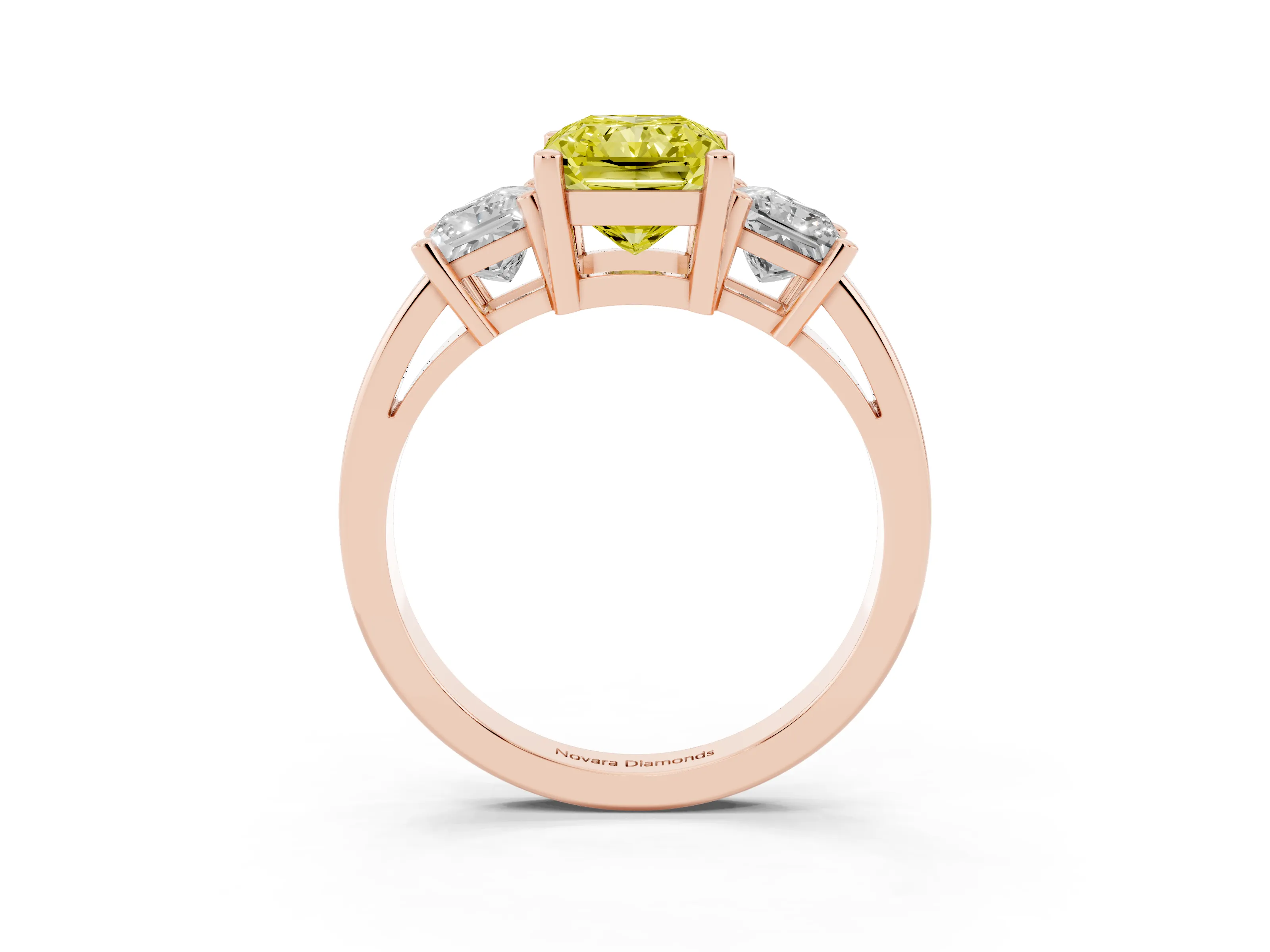 Fancy Yellow Three-Stone Radiant Cut Diamond Solitaire Ring Set in Rose gold with Prong Setting