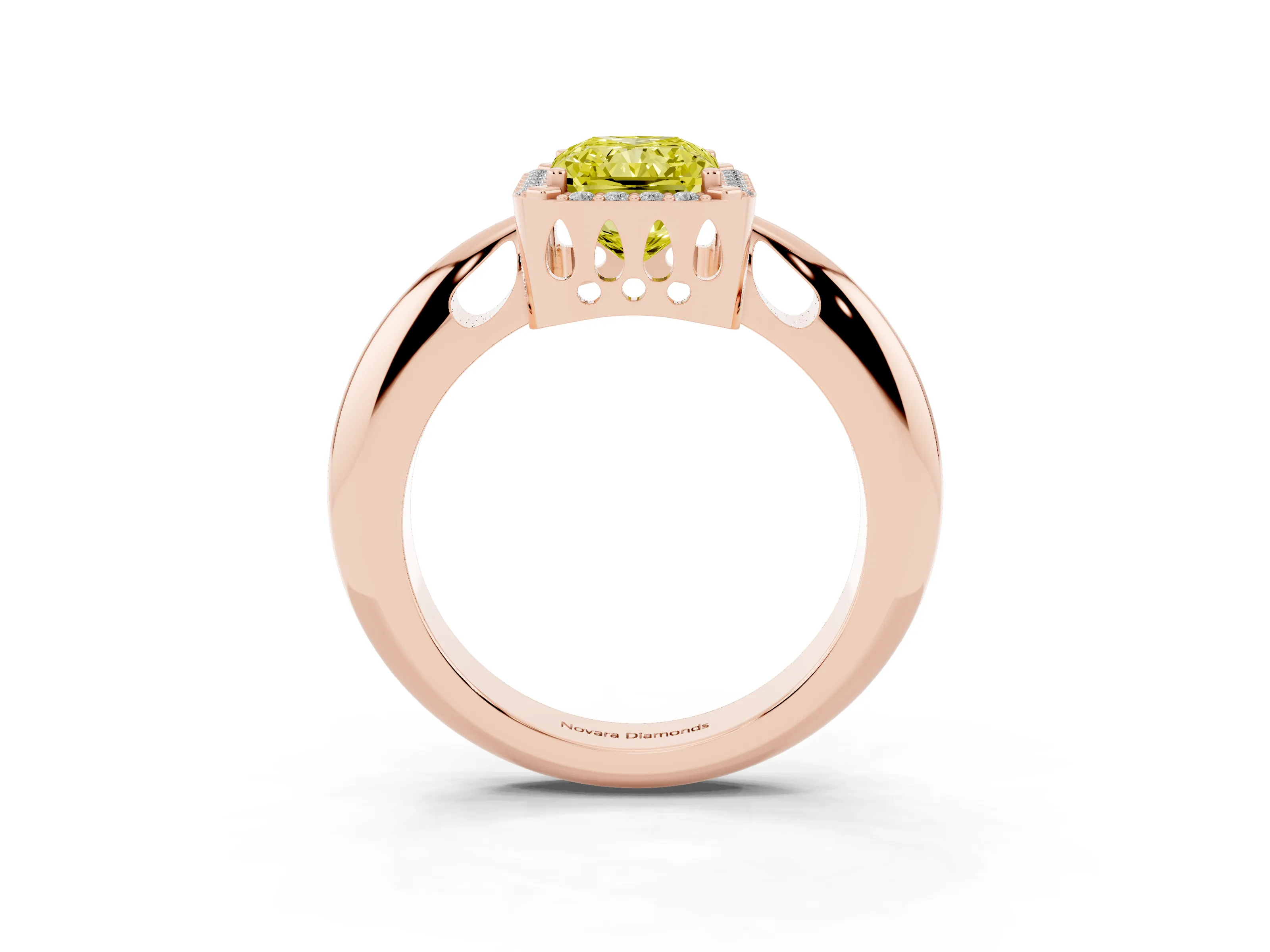 Fancy Yellow Radiant Cut Diamond Halo Engagement Ring Set in Rose gold with Plain Split Shank and Prong Setting