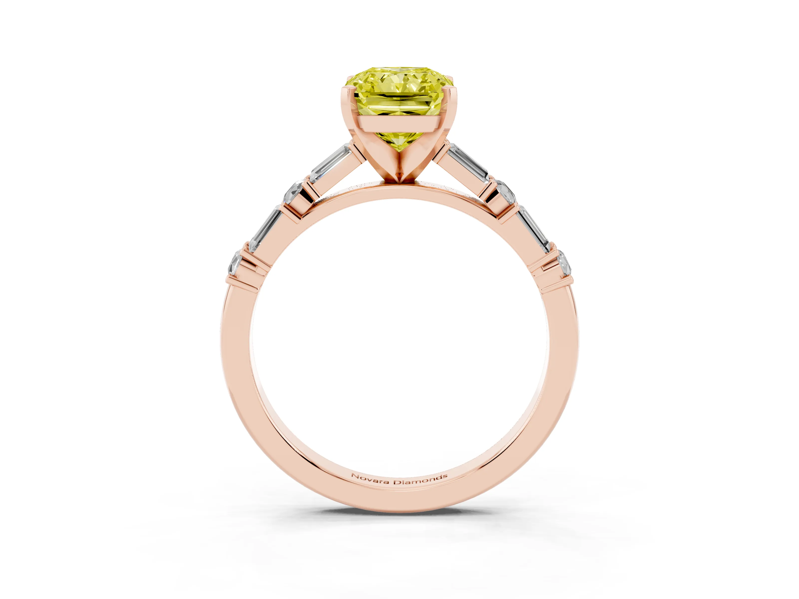 Fancy Yellow Radiant Cut Diamond Solitaire Set in Rose gold with Side Baguettes and Channel Set Band
