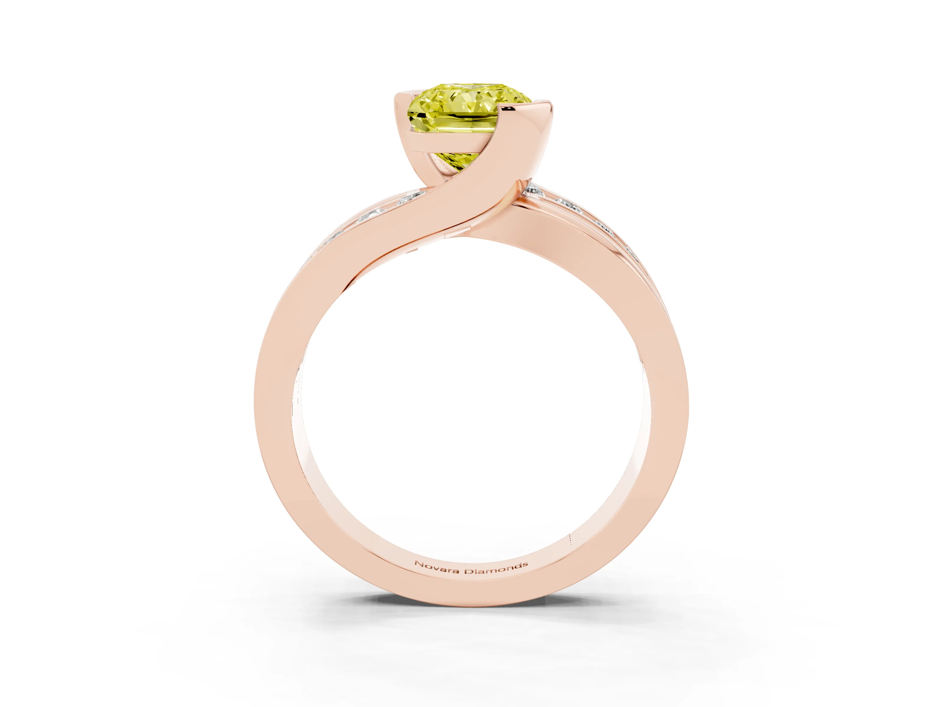 Fancy Yellow Radiant Cut Diamond Solitaire Ring Set in Rose gold with Channel Set Split Shank and Tension Prongs