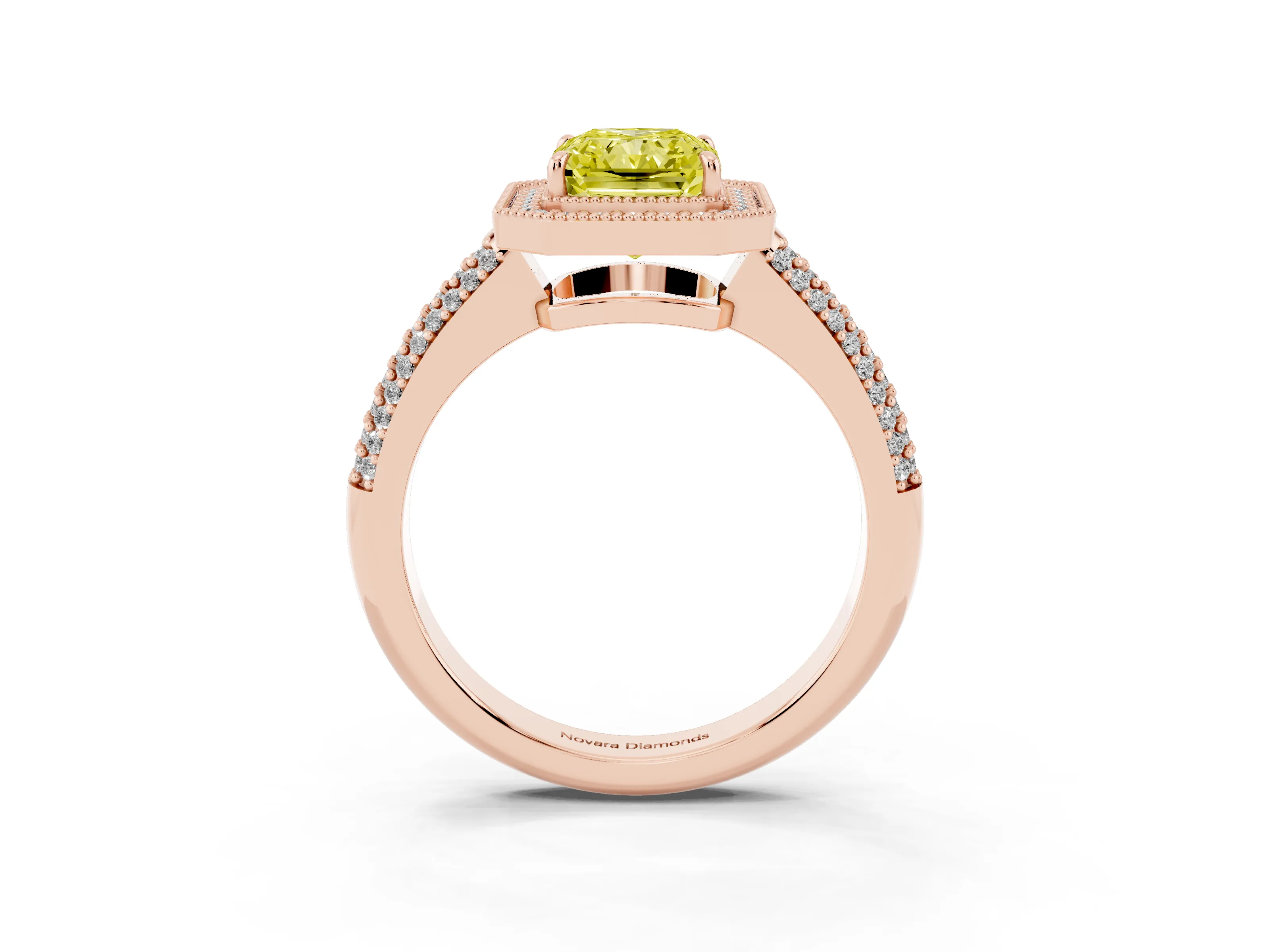 Fancy Yellow Radiant Cut Diamond Halo Pavé Band Set in Rose gold with Prong Setting