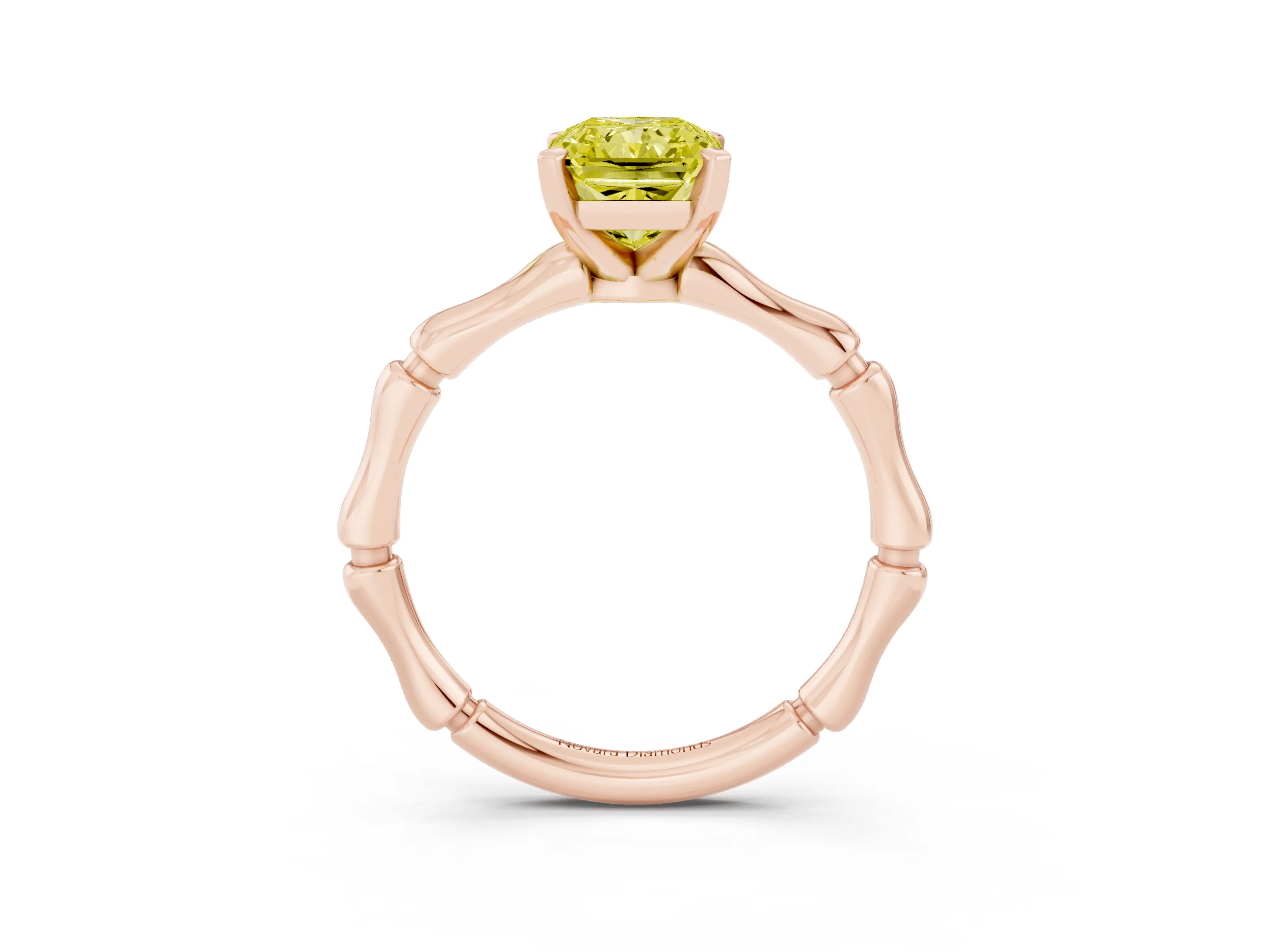 Fancy Yellow Radiant Cut Diamond Solitaire Ring Set in Rose gold with Bamboo Band and Prong Setting