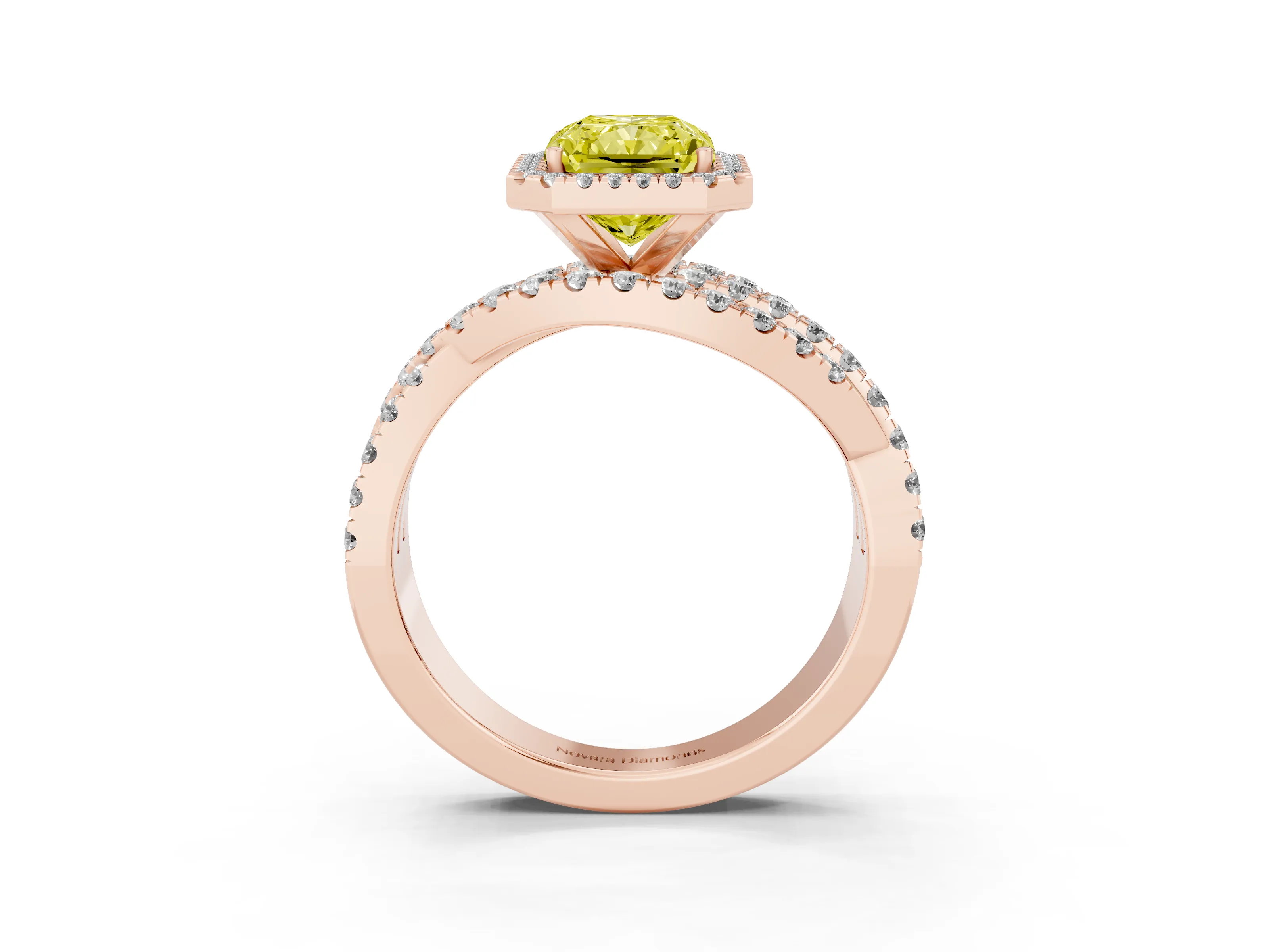 Fancy Yellow Radiant Cut Diamond Halo Ring Set in Rose gold with Round Crossover Split Shank and Prong Setting