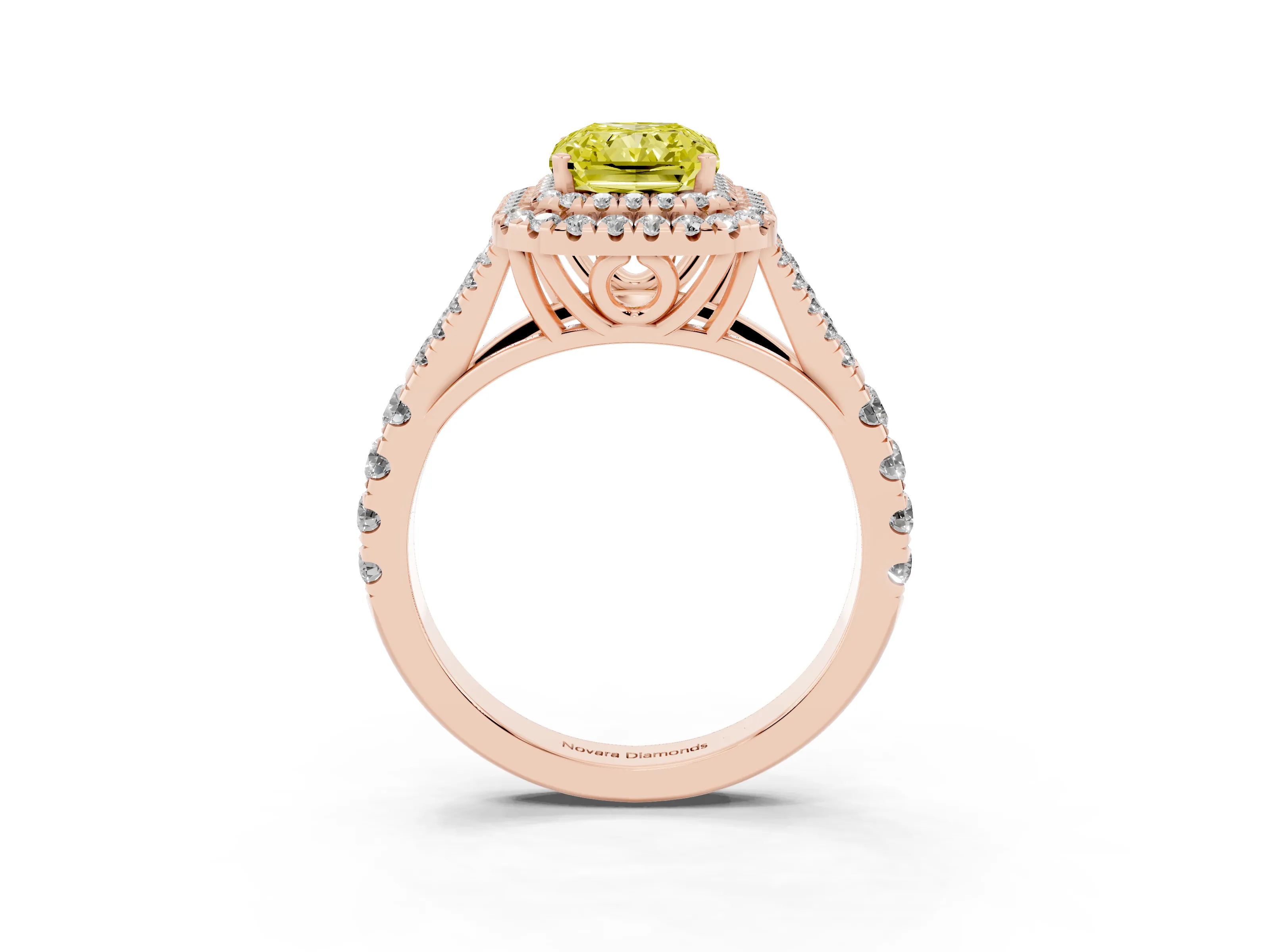Fancy Yellow Radiant Cut Diamond Pavé Split Shank Double Halo Engagement Ring Set in Rose gold
