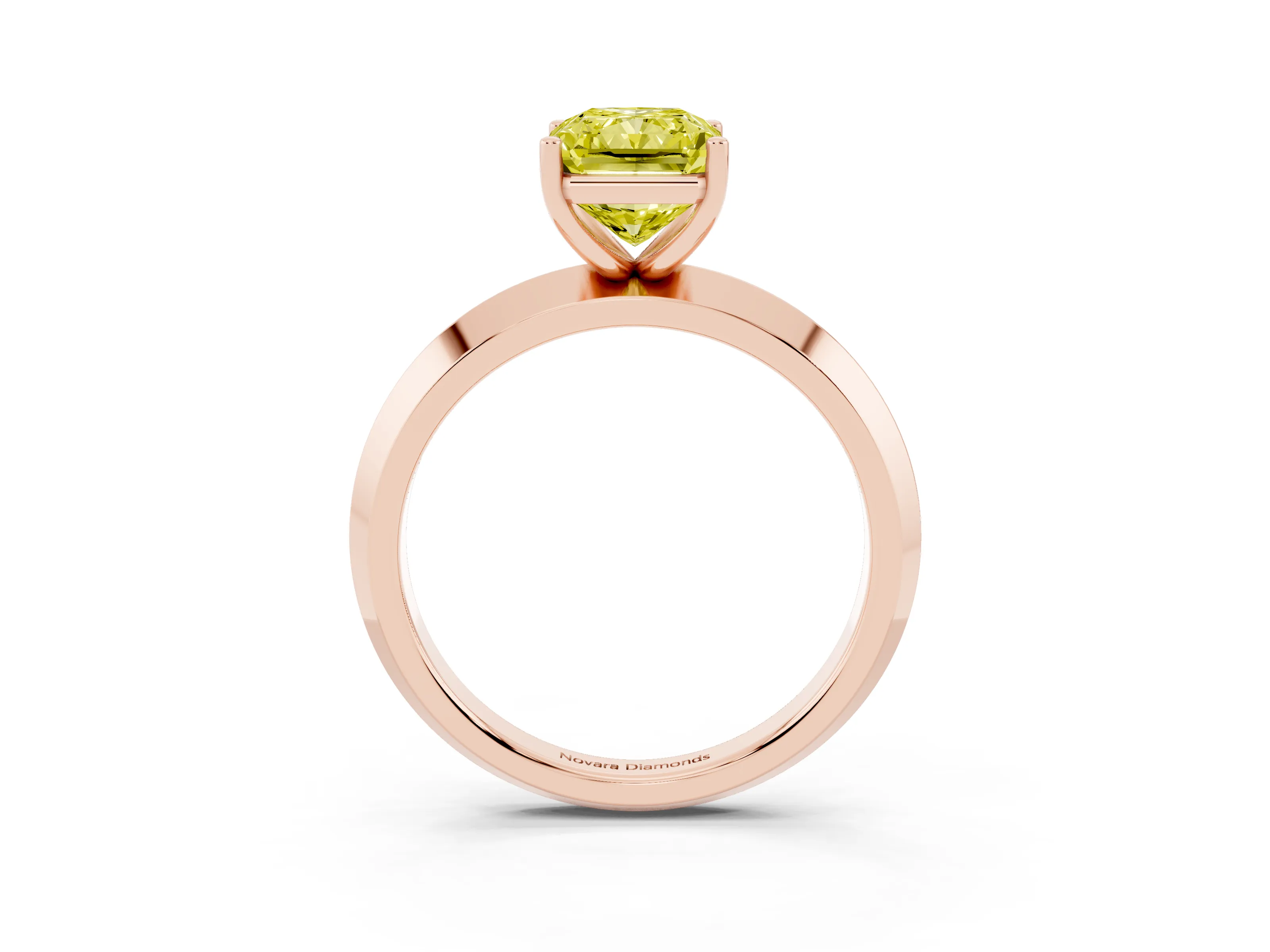 Fancy Yellow Radiant Cut Diamond Solitaire Engagement Ring Set in Rose gold with Flat Band and Prong Setting