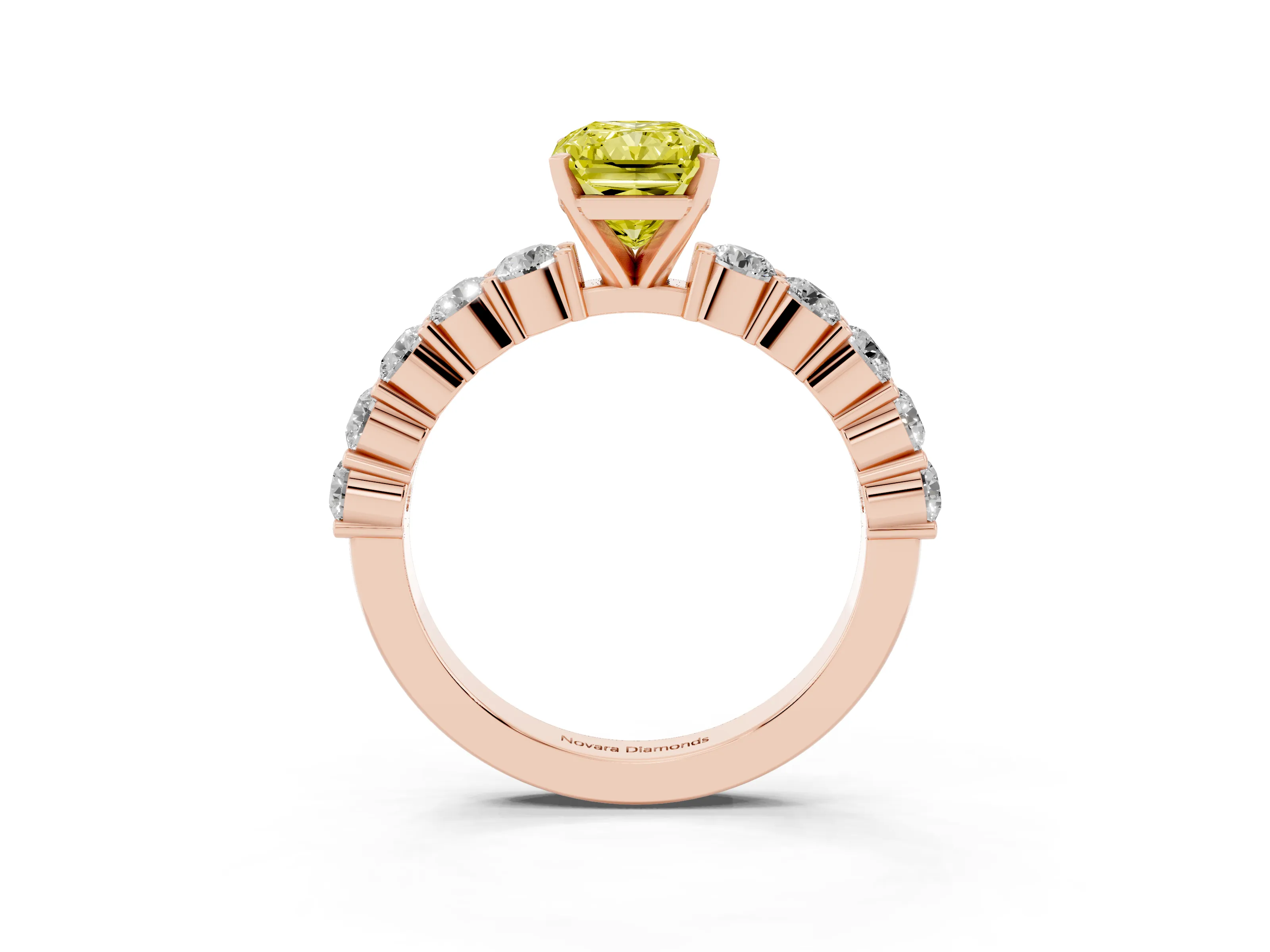 Fancy Yellow Radiant Cut Diamond Solitaire Ring Set in Rose gold with Shared Prong Round Side Stones