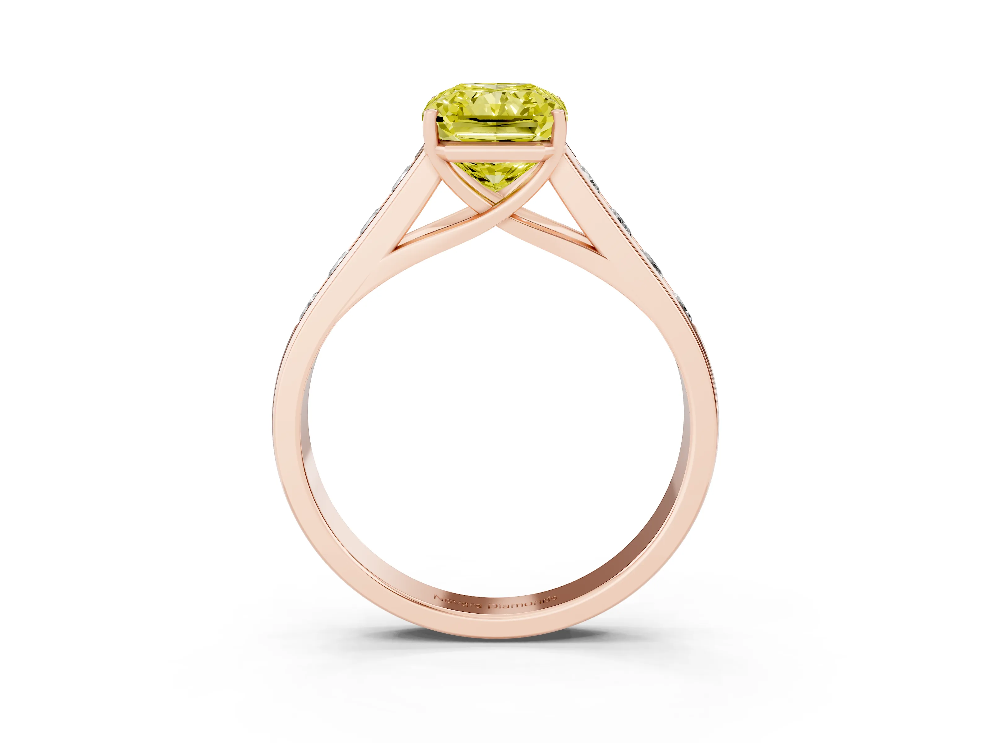 Fancy Yellow Radiant Cut Diamond Brilliant Channel-Set Solitaire Ring Set in Rose gold with Prong Setting