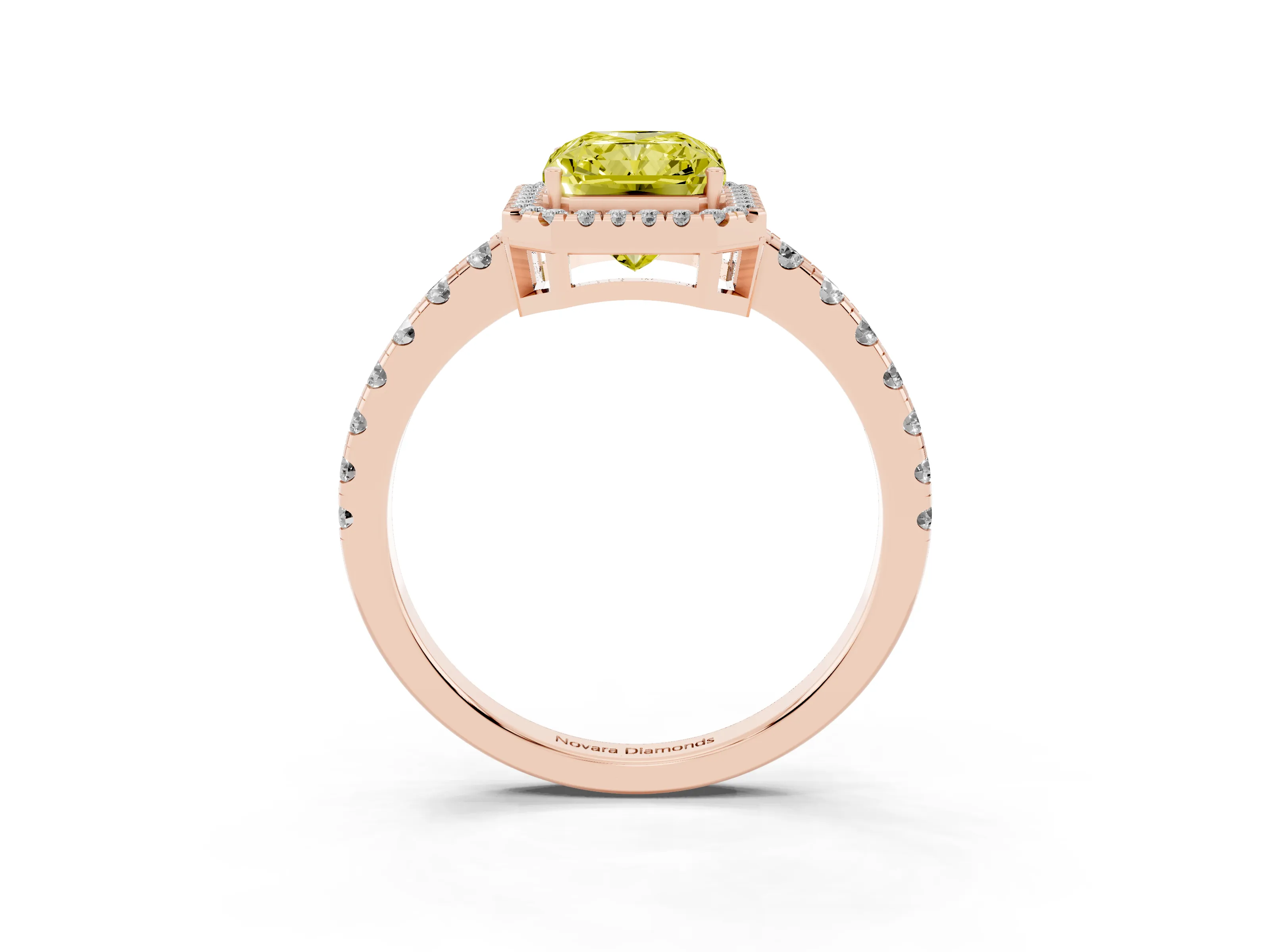 Fancy Yellow Radiant Cut Diamond Halo Ring Set in Rose gold with Delicate Pavé Band and Prong Setting