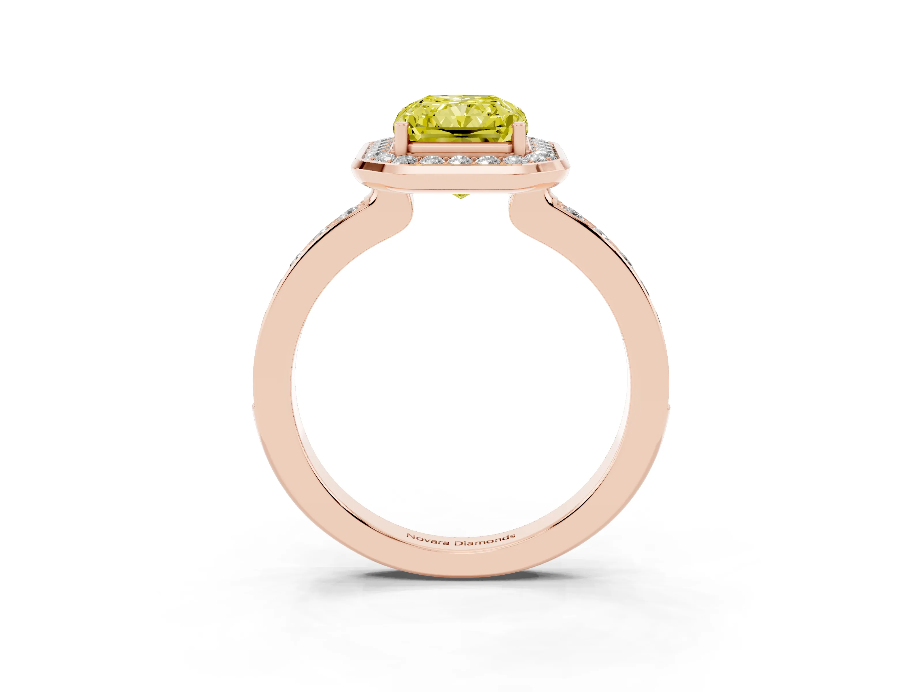 Fancy Yellow Radiant Cut Diamond Halo Ring Set in Rose gold with Bezel Frame and Pavé Band