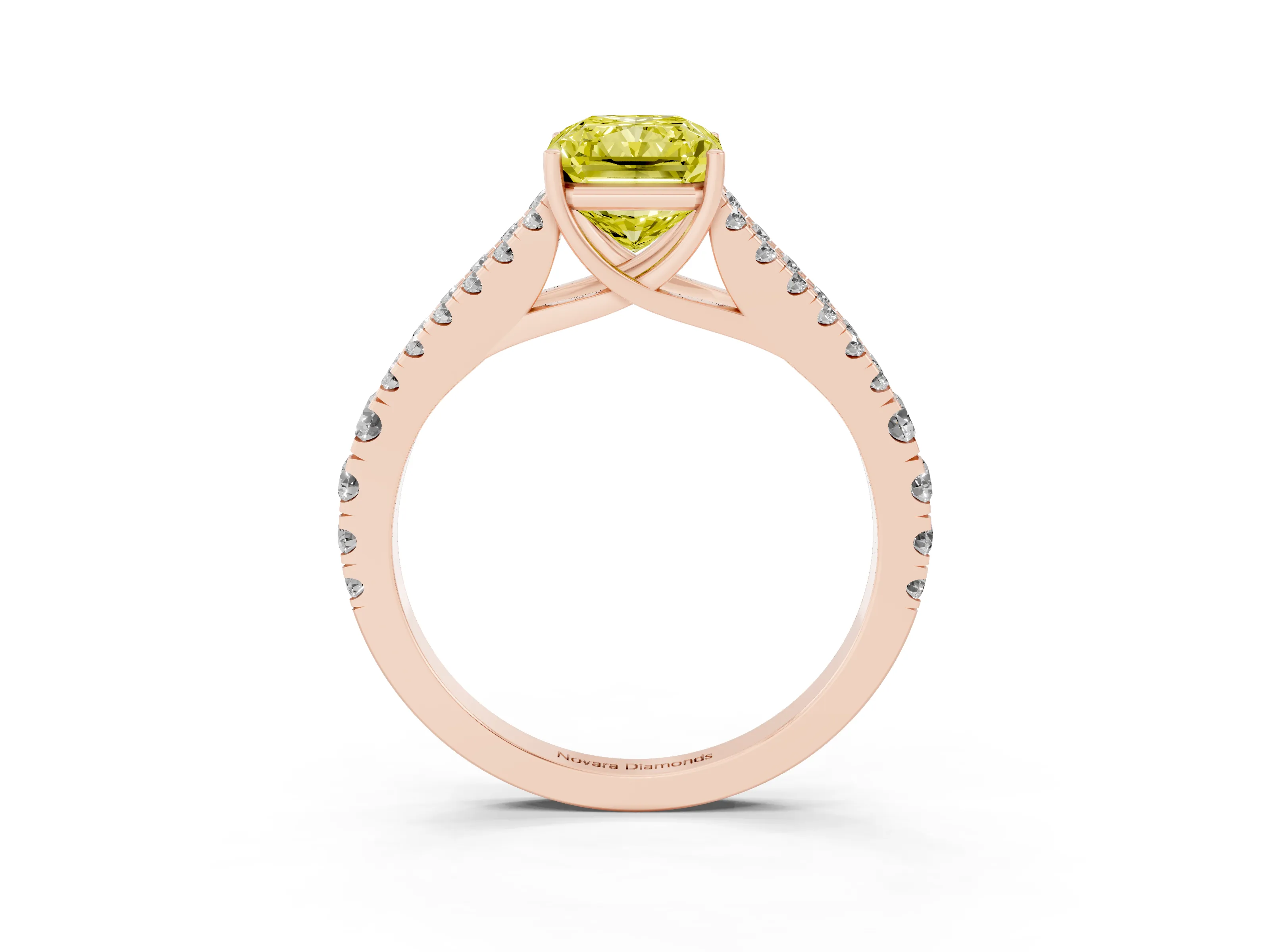 Fancy Yellow Radiant Cut Diamond Split Shank Pavé Engagement Ring Set in Rose gold with Prong-Held Center Stone