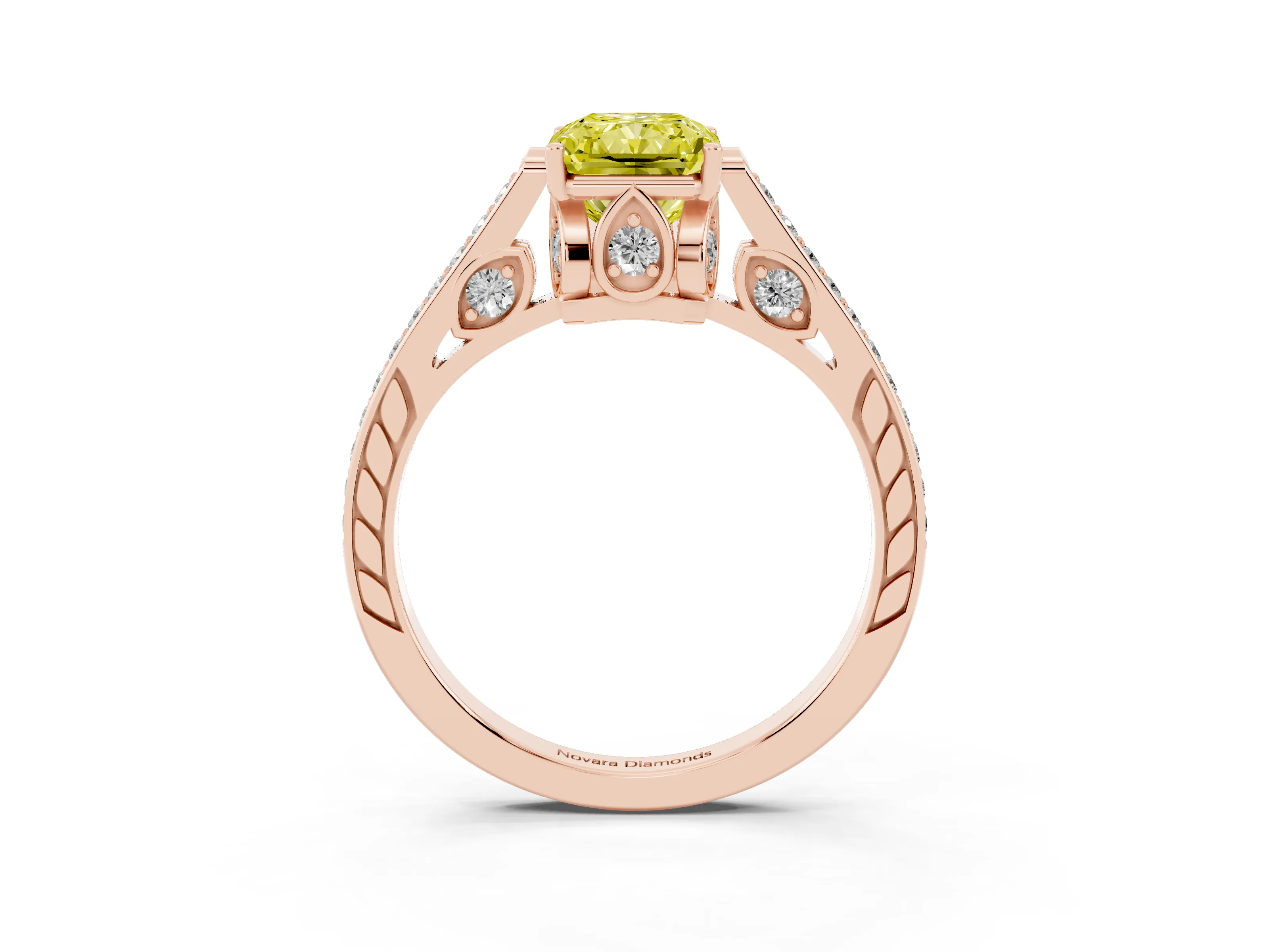 Fancy Yellow Radiant Cut Diamond Cathedral Pavé Engagement Ring Set in Rose gold with Prong Setting