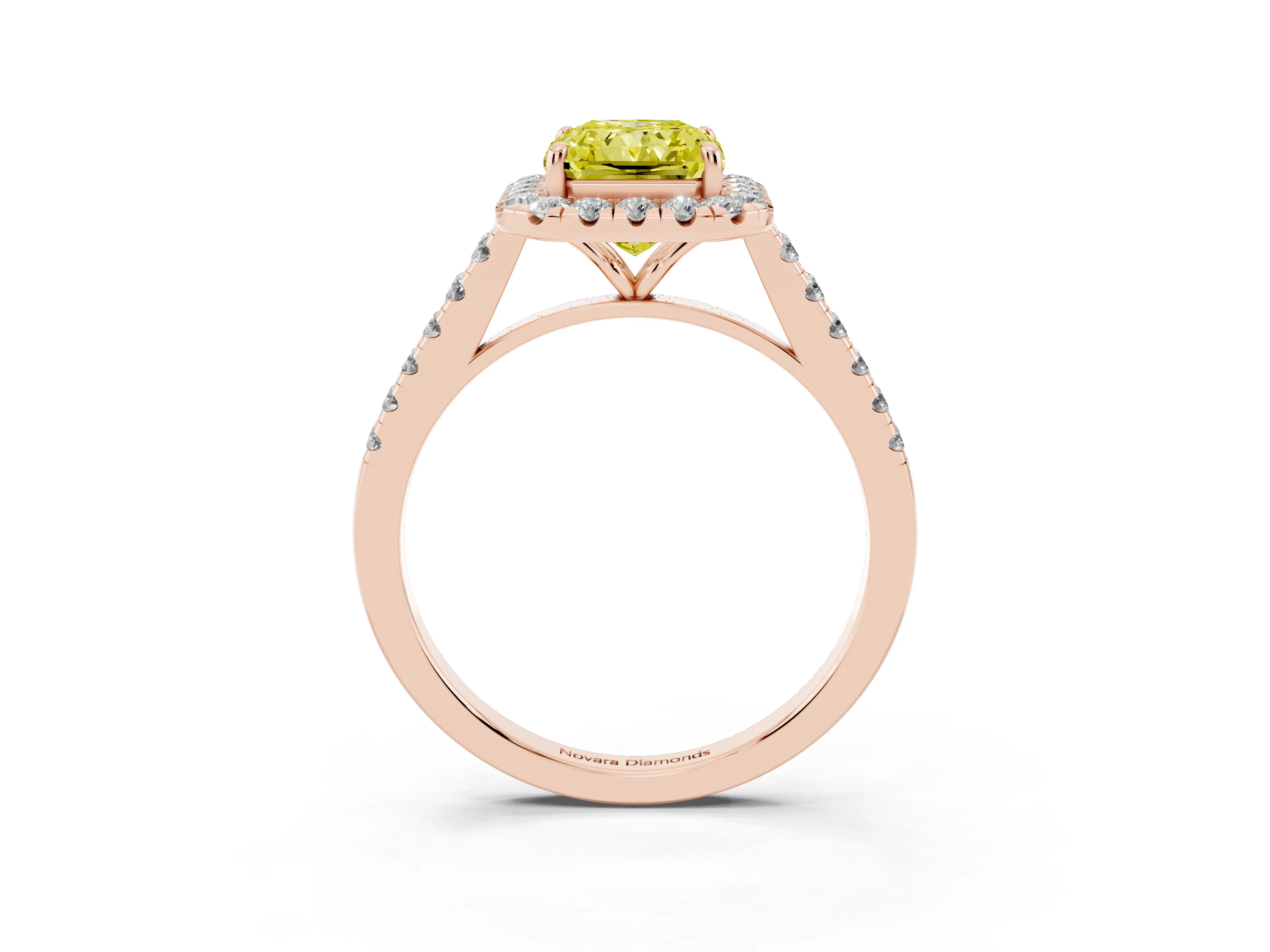Fancy Yellow Radiant Cut Diamond Halo Pavé Engagement Ring Set in Rose gold with Prong Setting