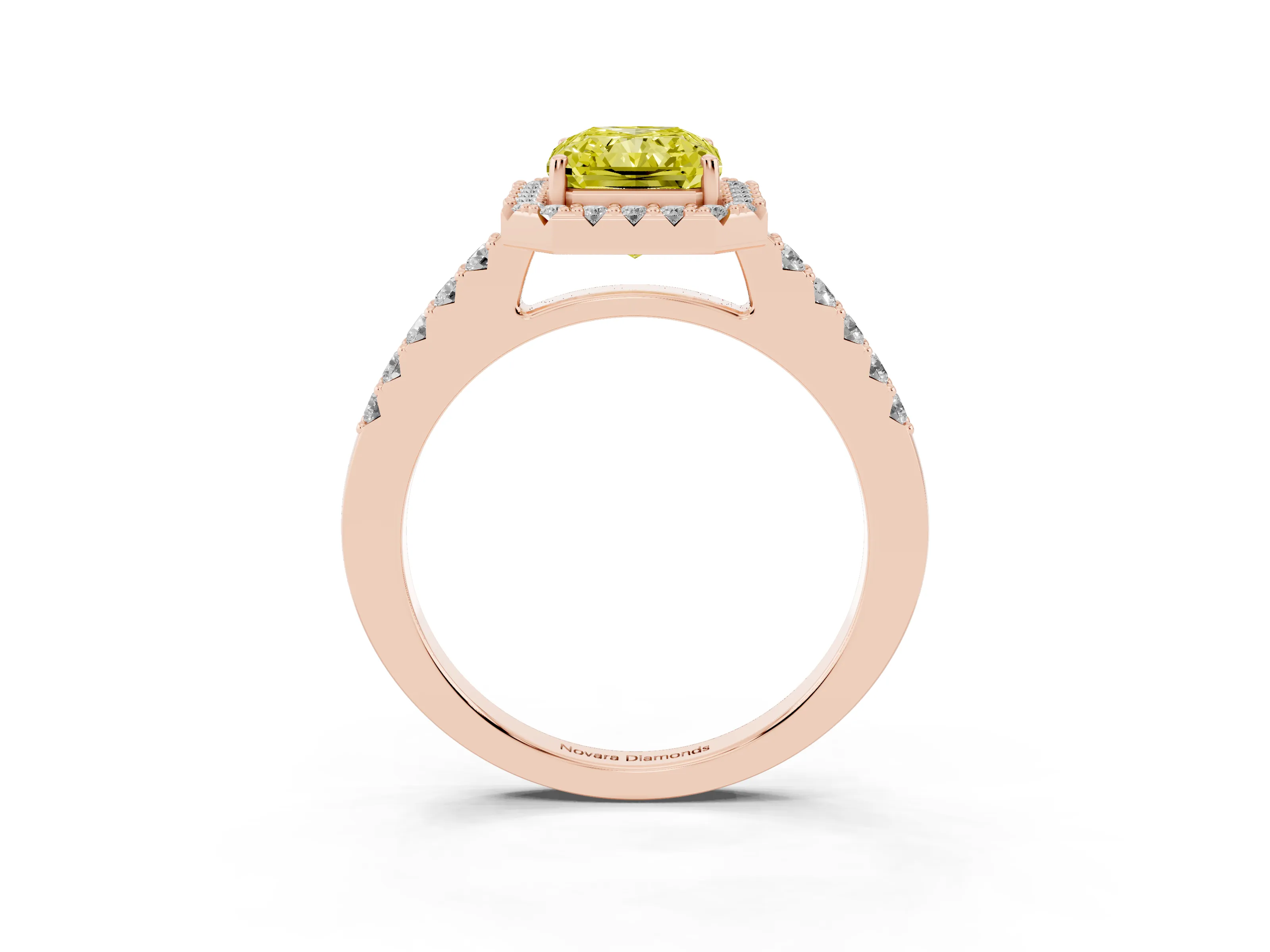 Fancy Yellow Radiant Cut Diamond Halo Pavé Solitaire Ring Set in Rose gold with Prong-Set Center Stone