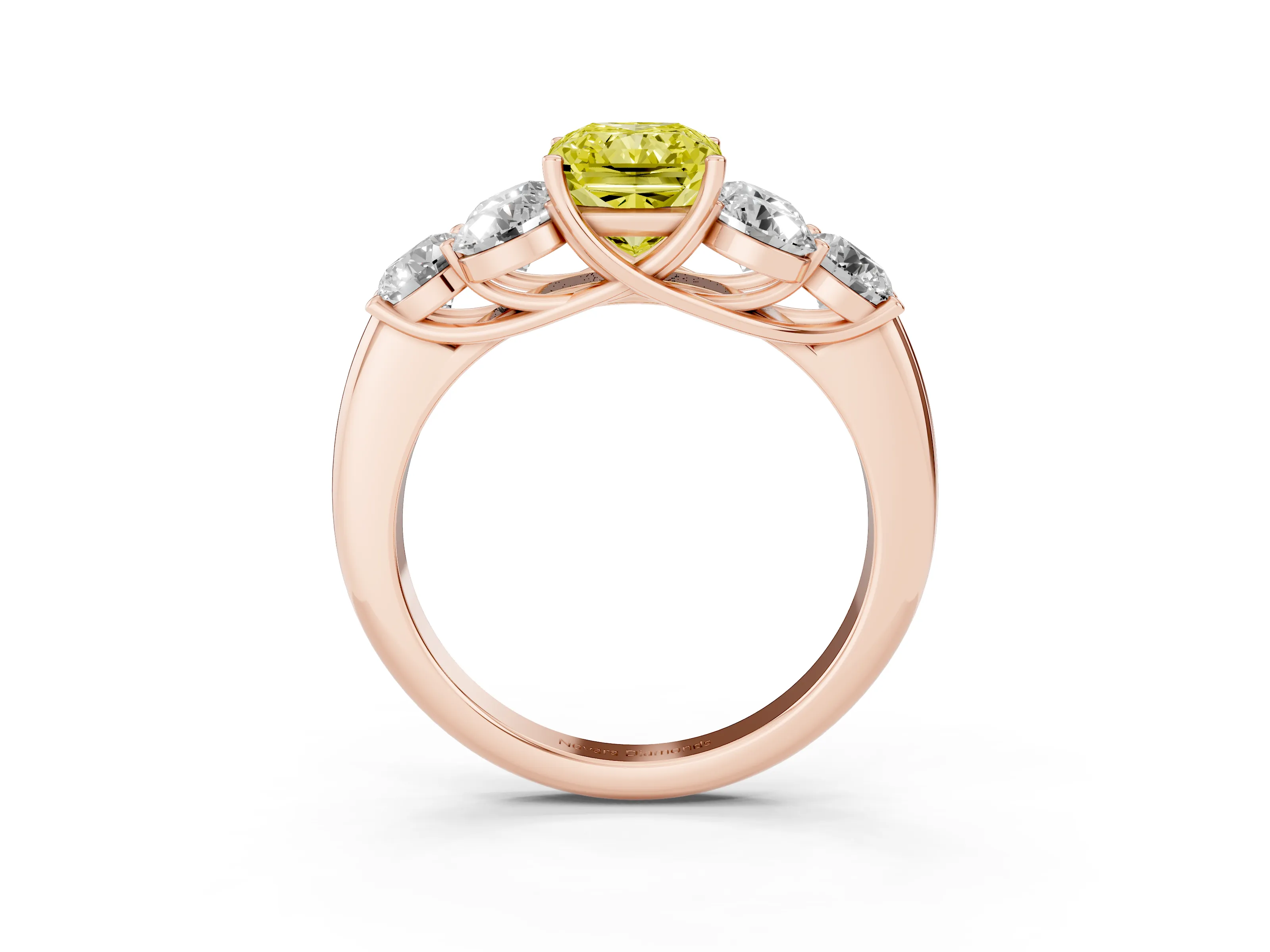Fancy Yellow Radiant Cut Diamond Cluster Ring Set in Rose gold with Round Accent Stones and Prong Setting on a Plain Band
