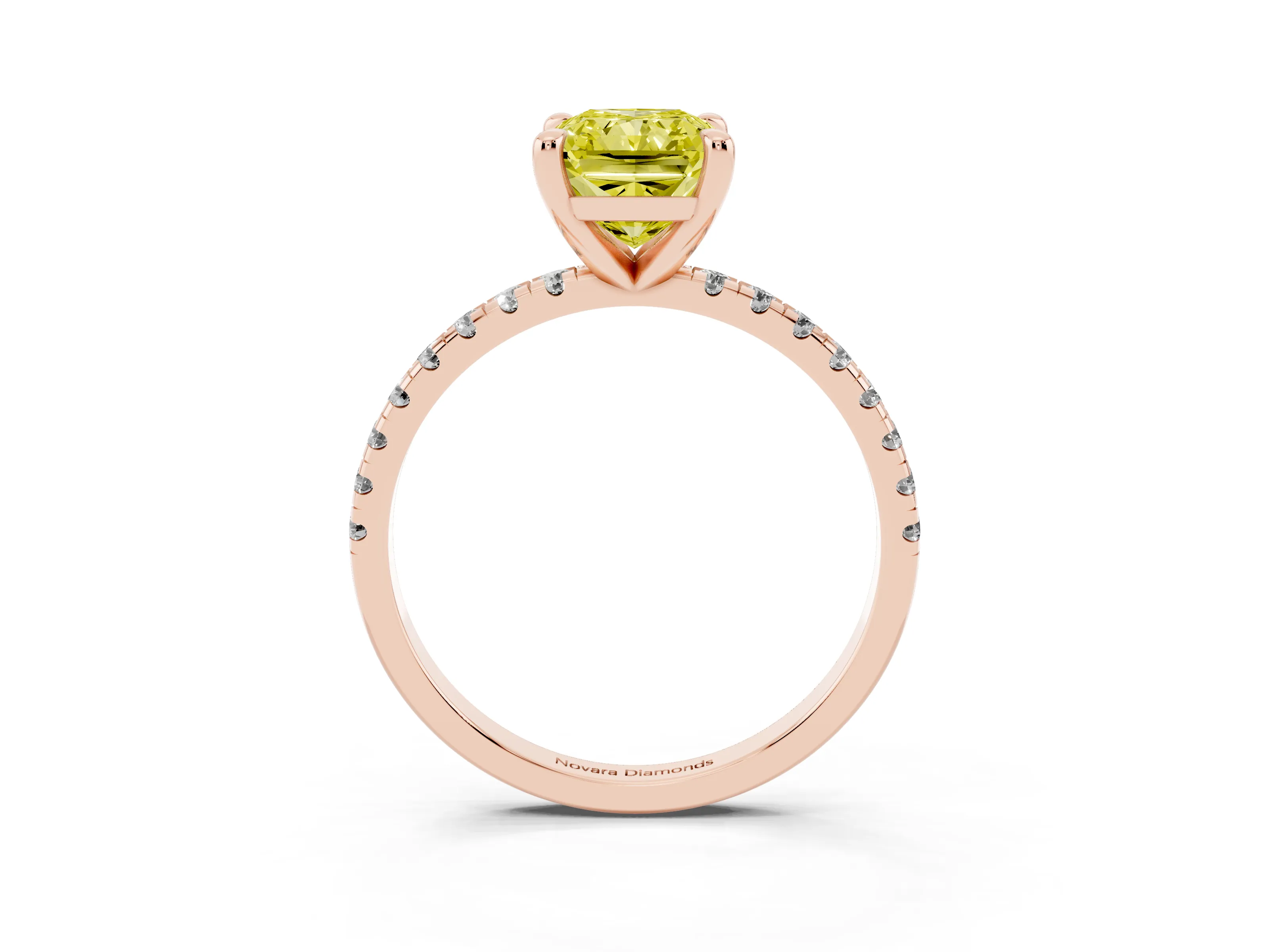 Fancy Yellow Radiant Cut Diamond Brilliant Solitaire Ring Set in Rose gold with Pavé Band and Prong Setting