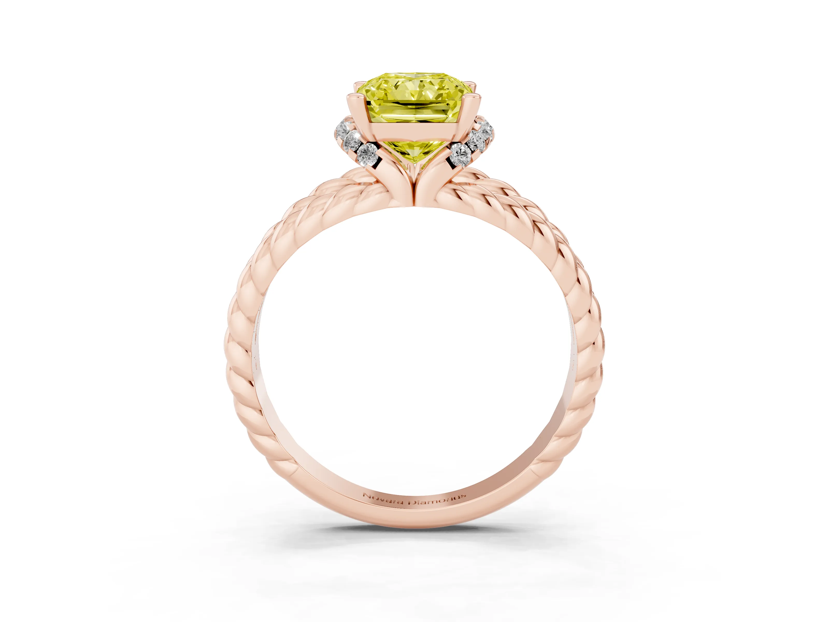 Fancy Yellow Radiant Cut Diamond Halo Ring Set in Rose gold with Twisted Band and Prong Setting