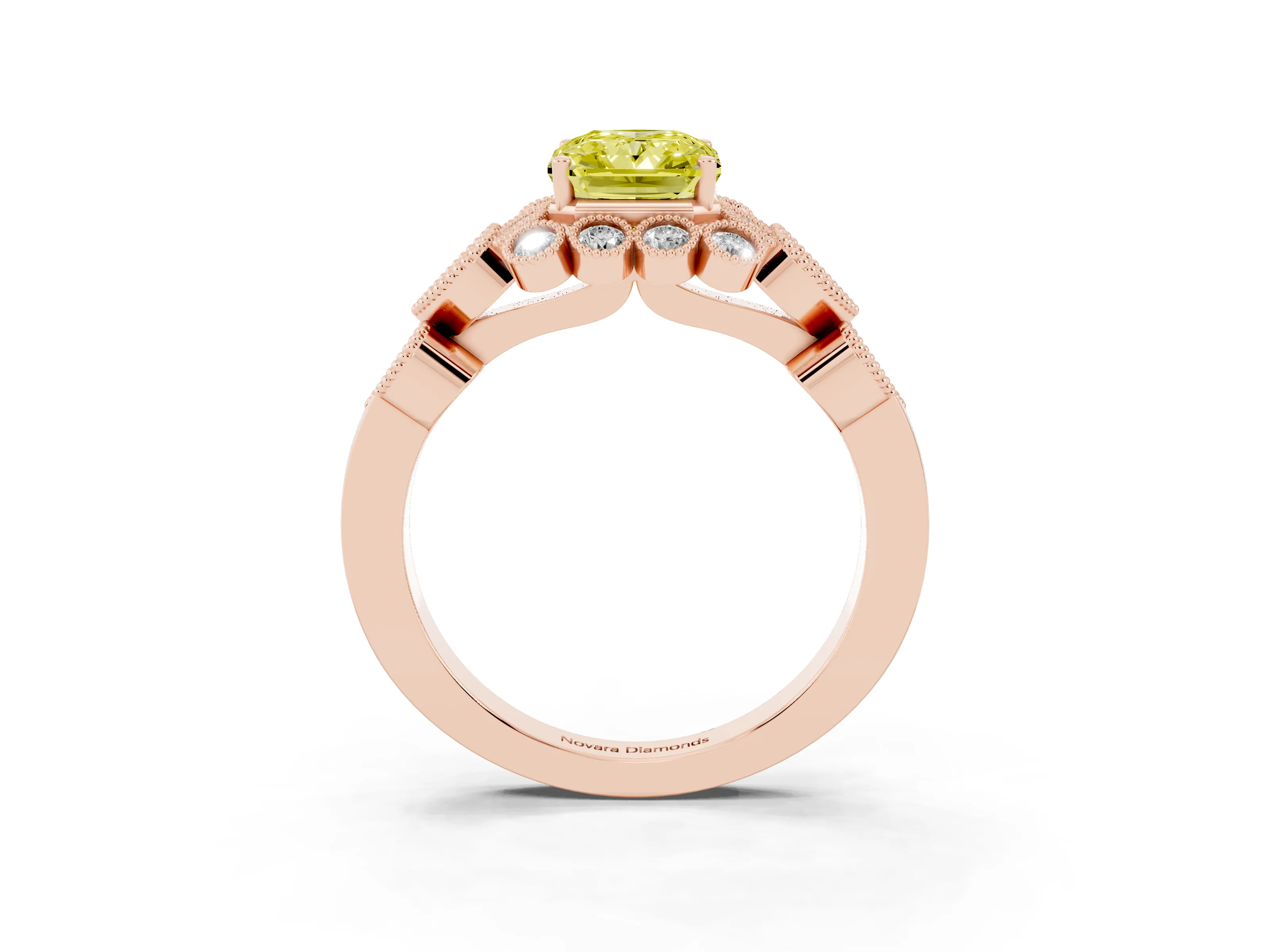 Fancy Yellow Radiant Cut Diamond Solitaire Ring Set in Rose gold with Milgrain Pavé Heart Band