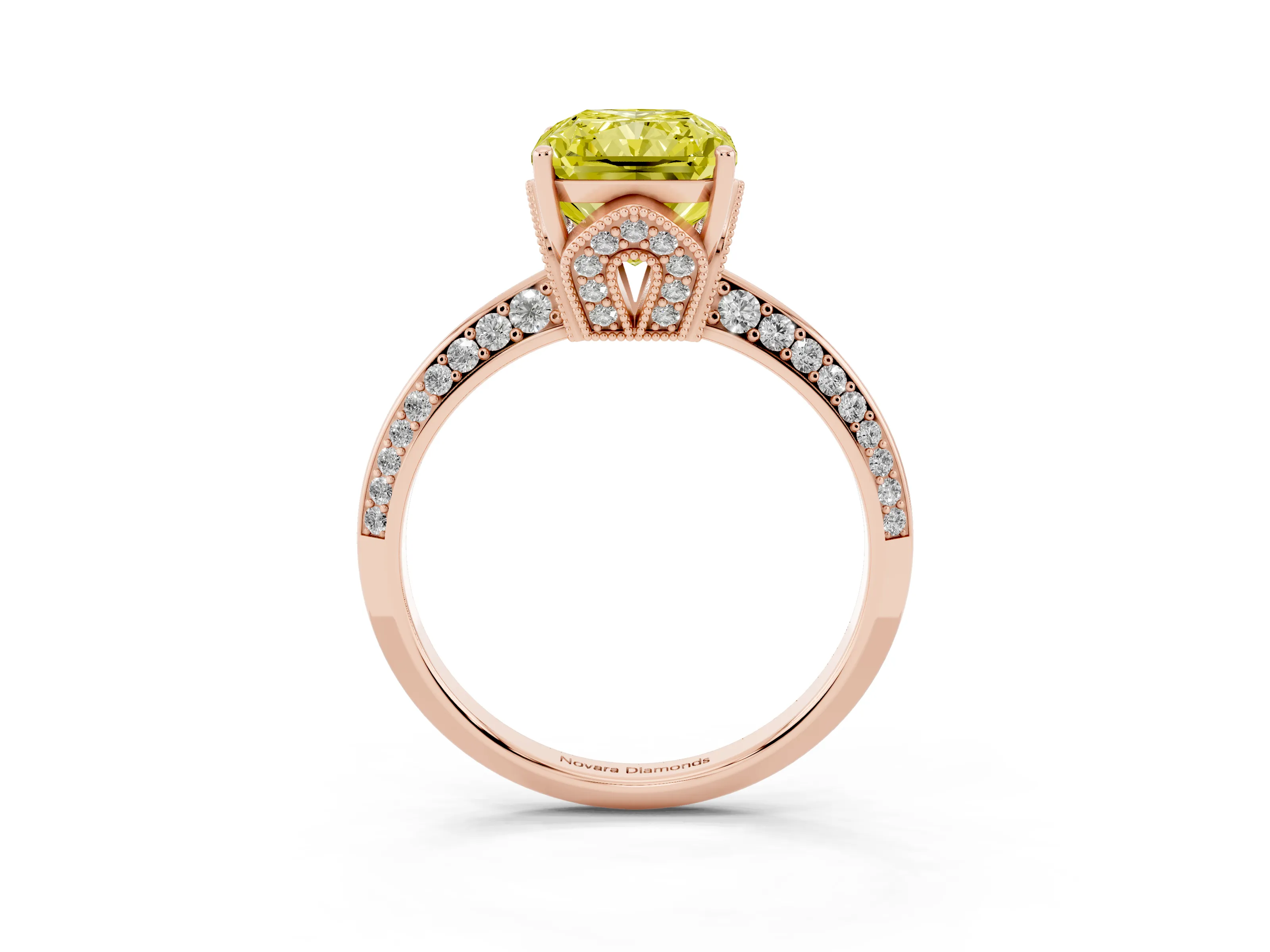 Fancy Yellow Radiant Cut Diamond Solitaire Engagement Ring Set in Rose gold with Pavé Split Shank and Prong Setting
