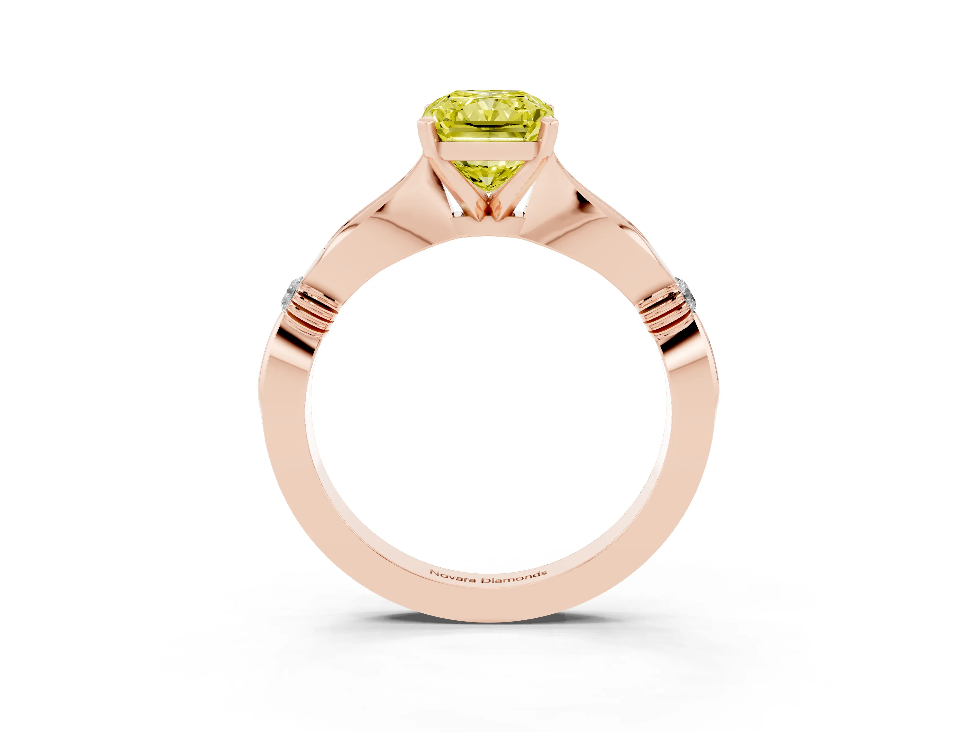 Fancy Yellow Radiant Cut Diamond Solitaire Twisted Band Ring Set in Rose gold with Accent Stones and Prong Setting