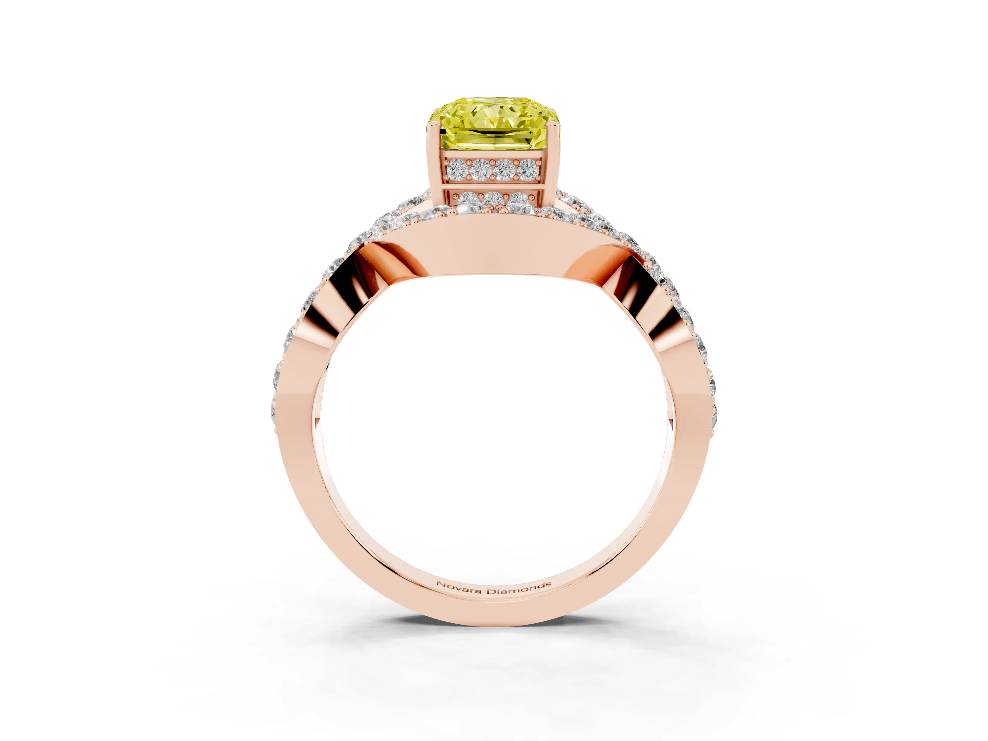 Fancy Yellow Radiant Cut Diamond Solitaire Twist Band Pavé Engagement Ring Set in Rose gold