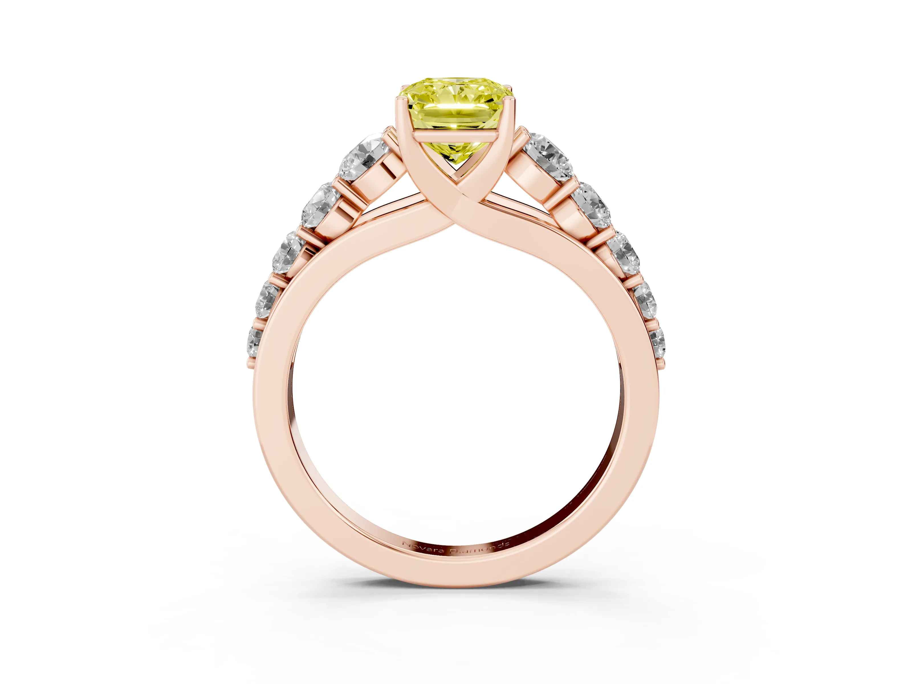 Fancy Yellow Radiant Cut Diamond Solitaire Ring Set in Rose gold with Pavé-Set Band and Prong Setting