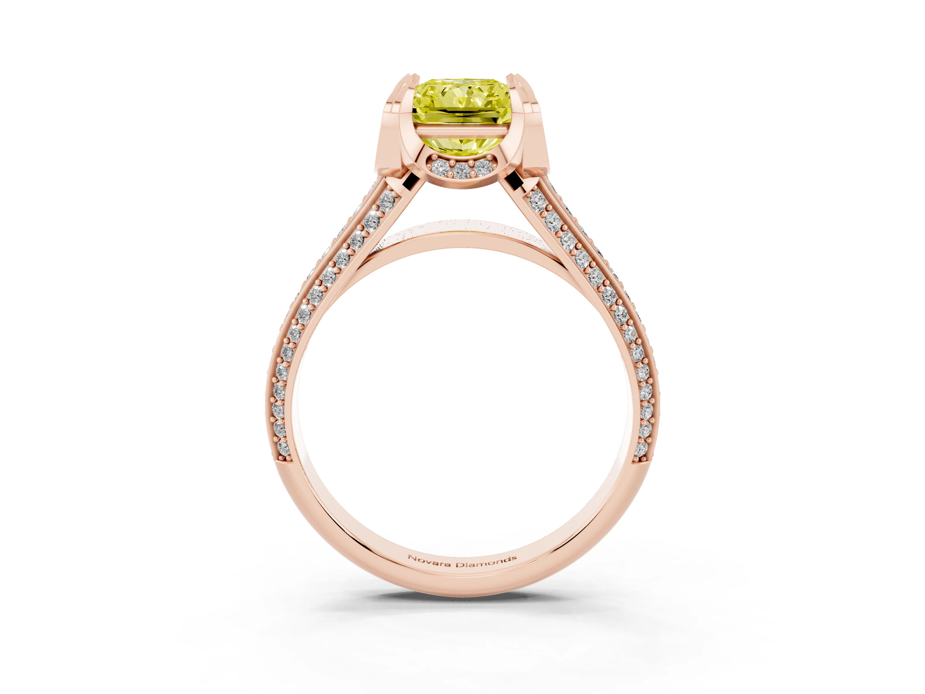 Fancy Yellow Radiant Cut Diamond Pavé Split Shank Solitaire Ring Set in Rose gold with Prong Setting
