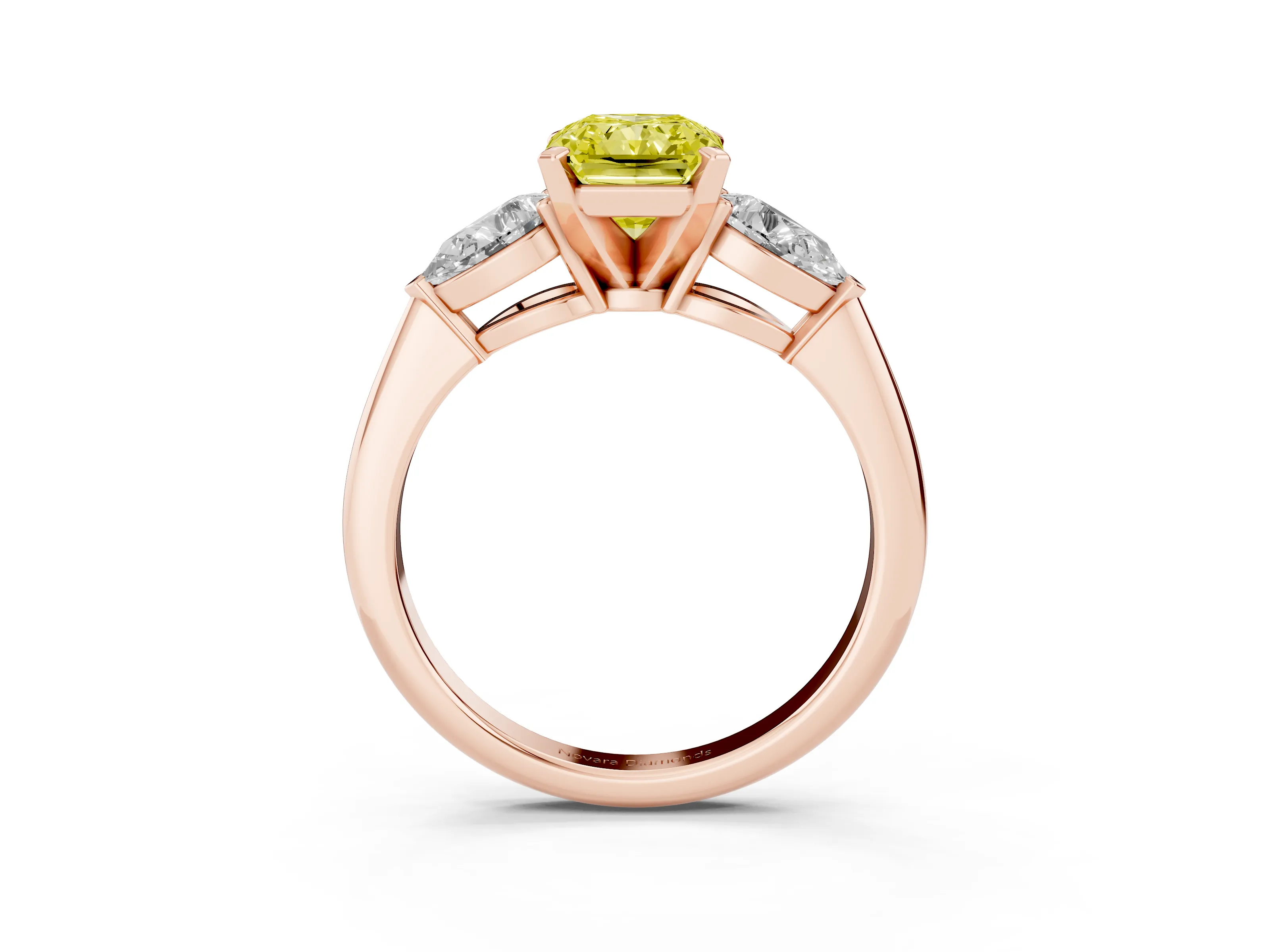 Fancy Yellow Three-Stone Radiant Cut Diamond Ring Set in Rose gold with Pear Side Stones and Prong Setting