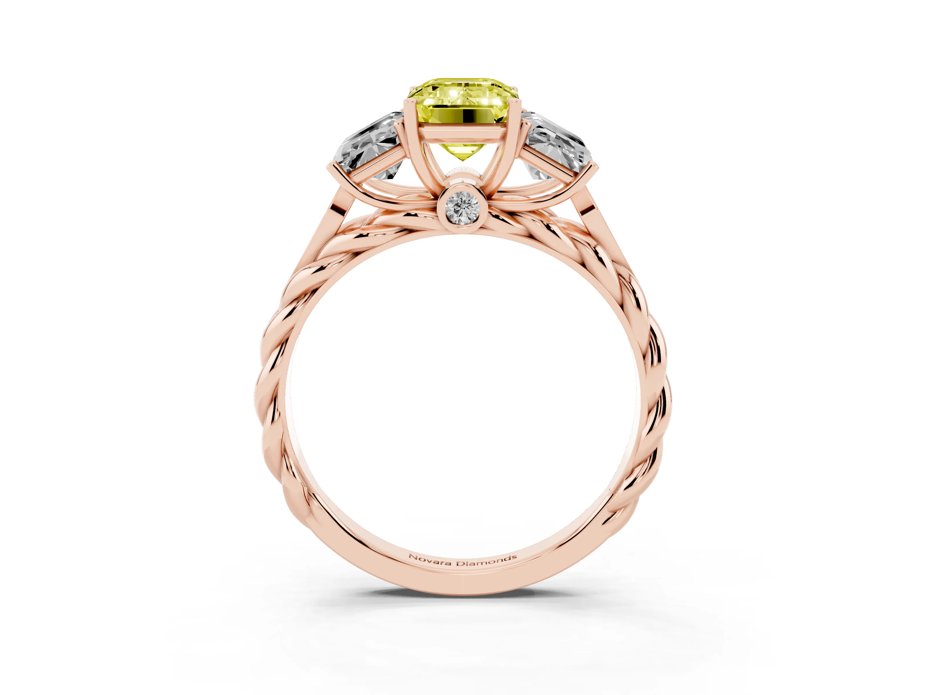 Fancy Yellow Radiant Cut Diamond Three-Stone Ring Set in Rose gold with Braided Band