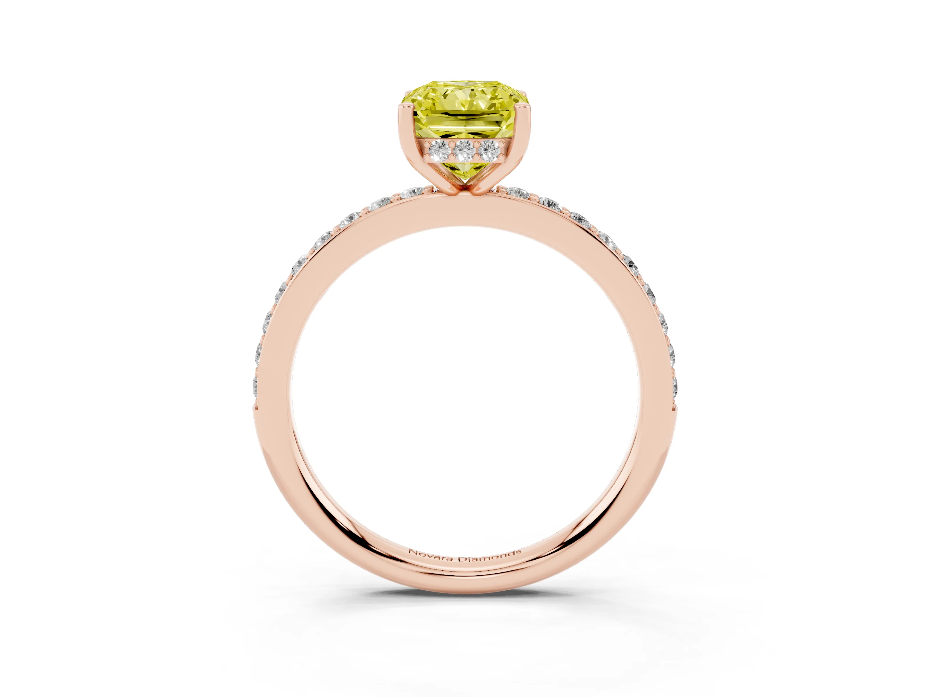 Fancy Yellow Radiant Cut Diamond Pavé Band Ring Set in Rose gold with Prong-Set Center Stone