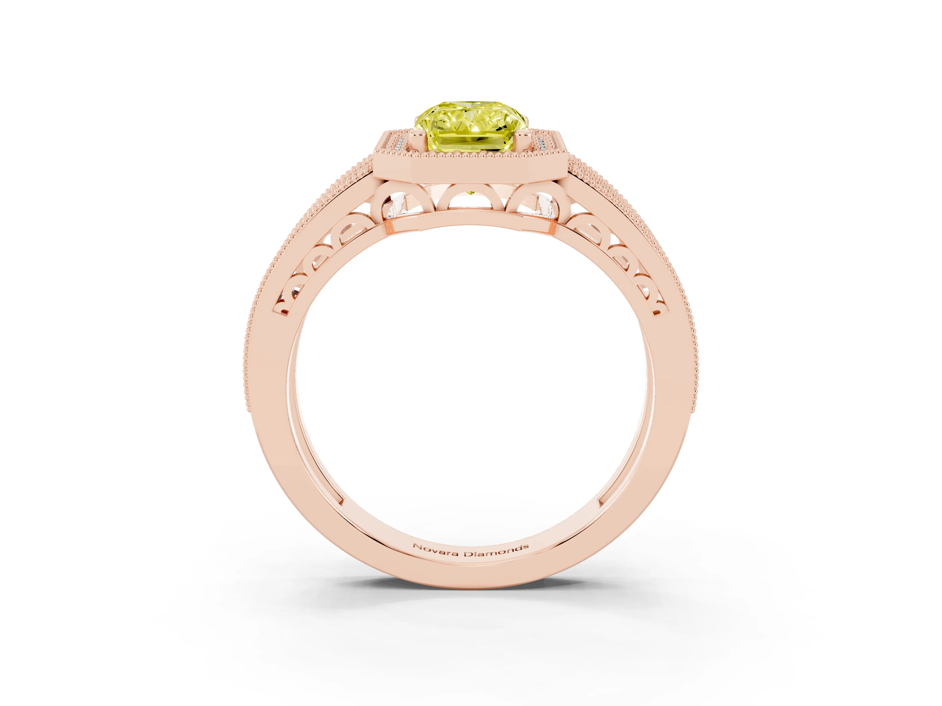 Fancy Yellow Radiant Cut Diamond Halo Ring Set in Rose gold with Accent Split Shank and Prong Setting