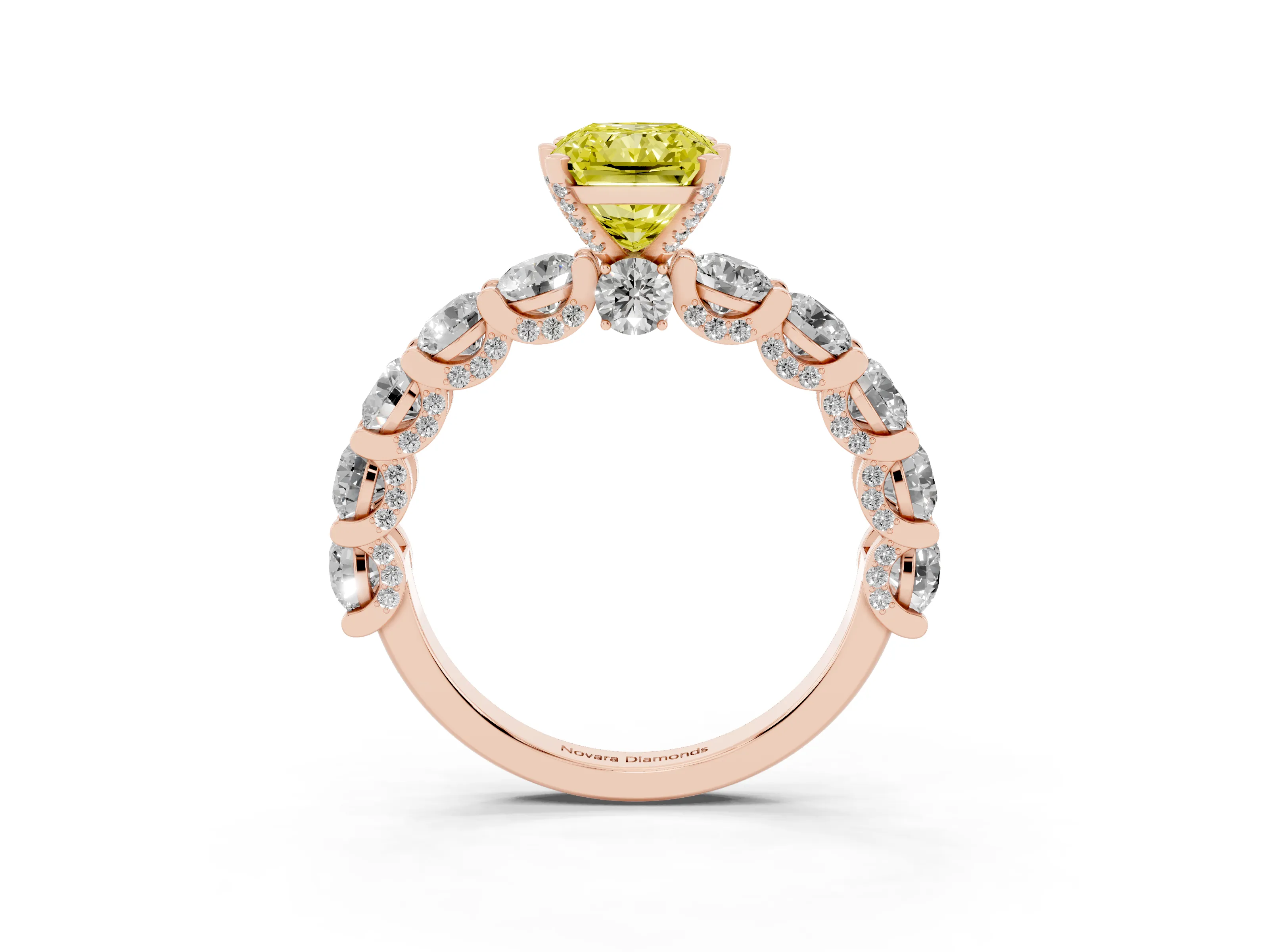 Fancy Yellow Radiant Cut Diamond Side Stone Ring Set in Rose gold with Alternating Round and Oval Side Stones