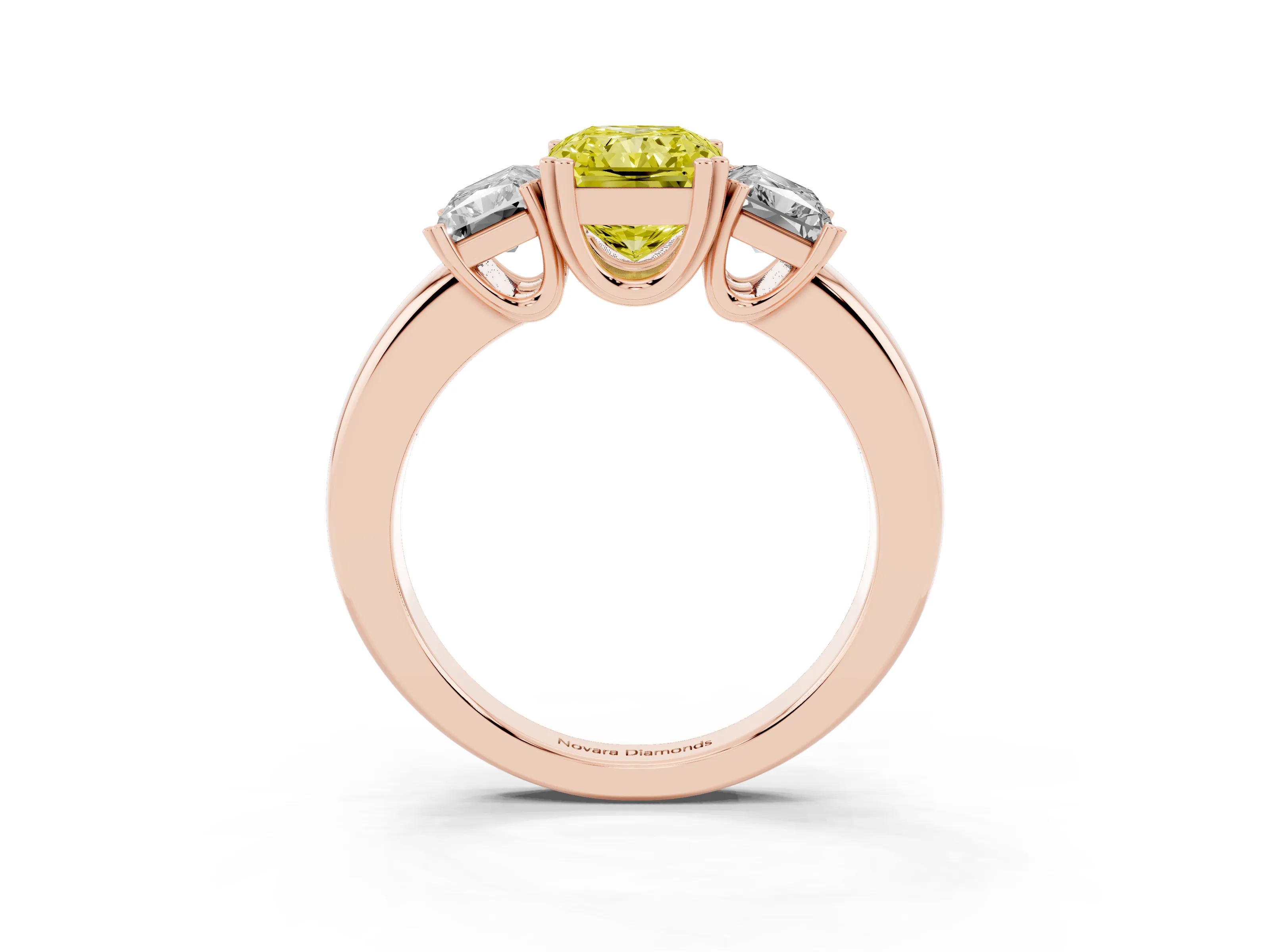 Fancy Yellow Radiant Cut Diamond Three-Stone Ring Set in Rose gold with Polished Channel-Set Band