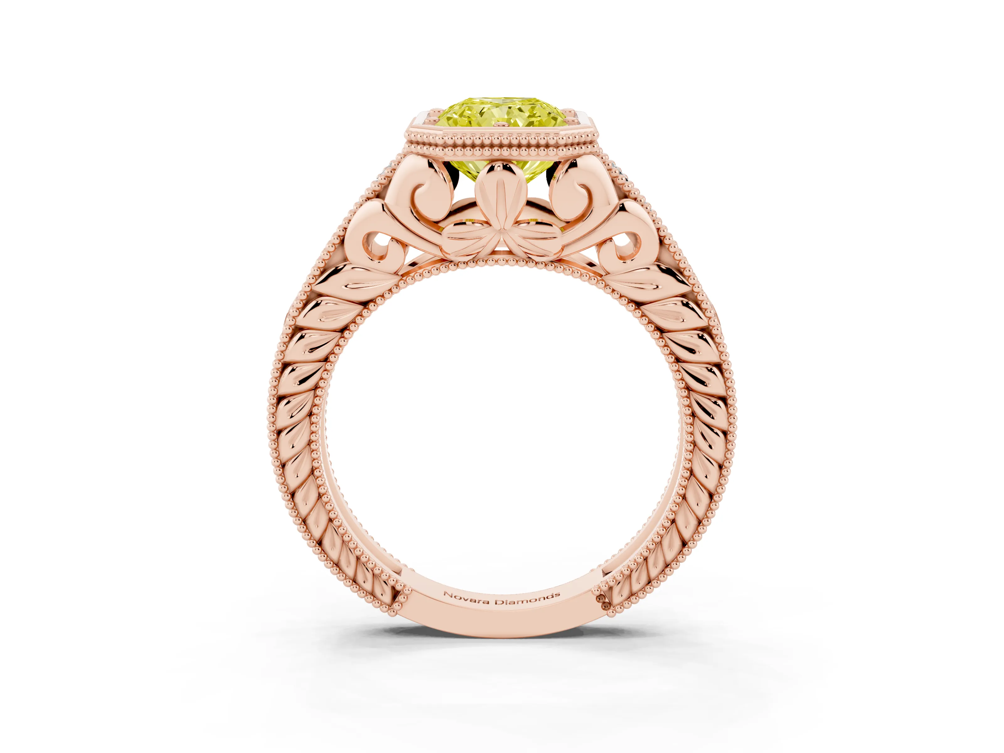 Fancy Yellow Bezel Set Radiant Cut Diamond Milgrain Pavé Engagement Ring Set in Rose gold