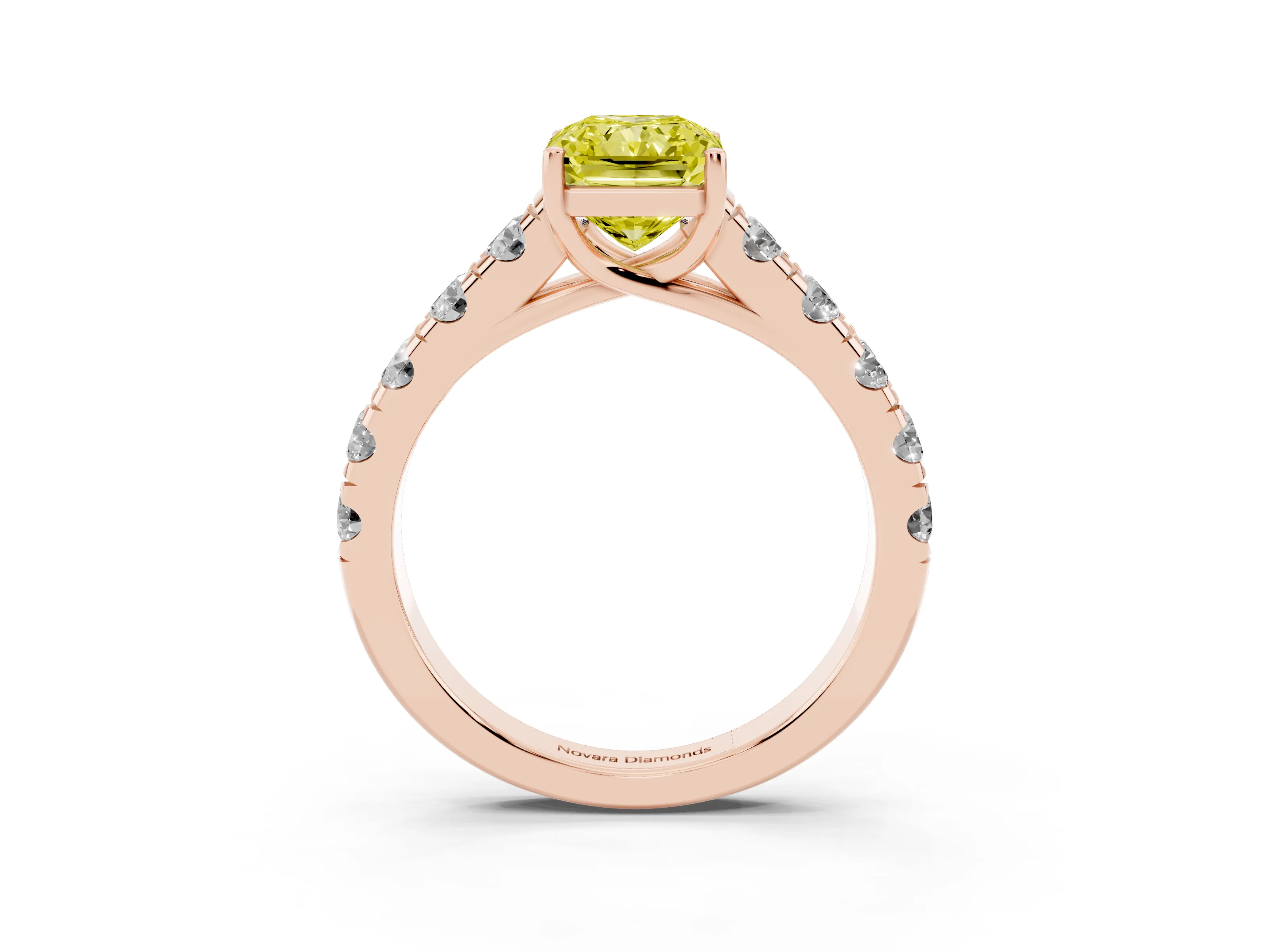 Fancy Yellow Radiant Cut Diamond Solitaire Ring Set in Rose gold with Cut-Down Micro Pavé Band and Prong Setting