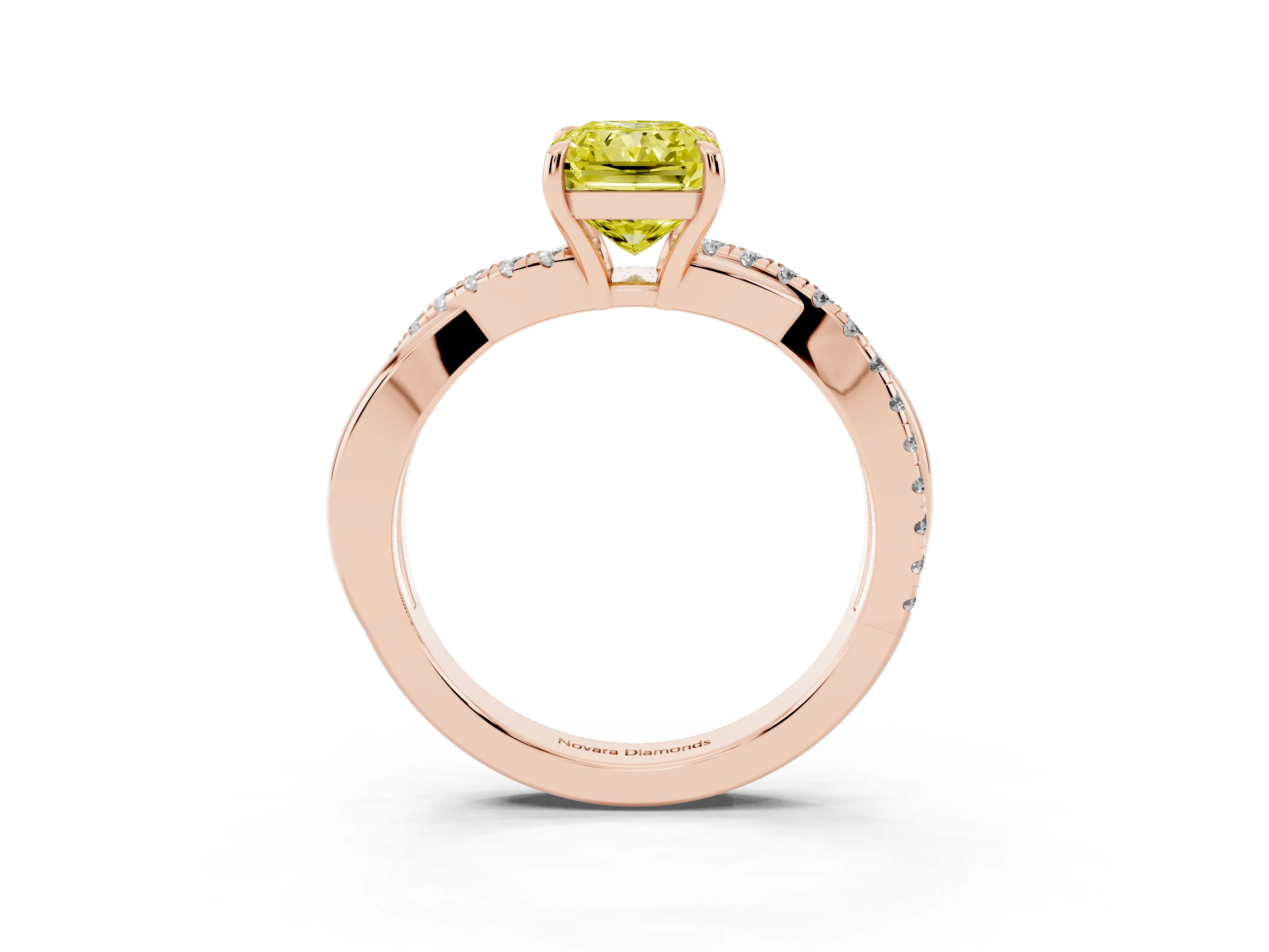Fancy Yellow Radiant Cut Diamond Twisted Pavé Band Ring Set in Rose gold with Prong Setting