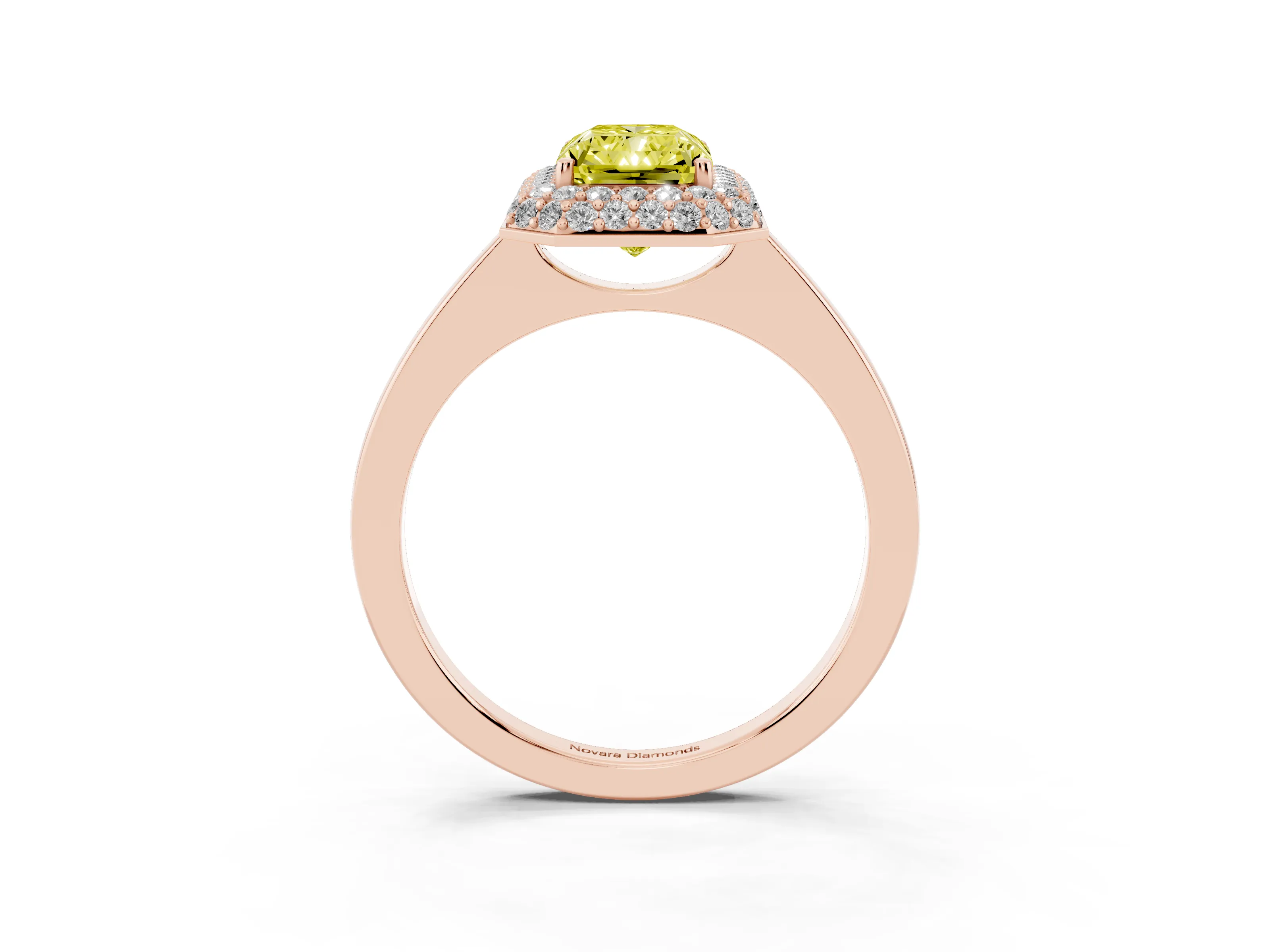 Fancy Yellow Radiant Cut Diamond Halo Engagement Ring Set in Rose gold with Solitaire Band and Prong Setting