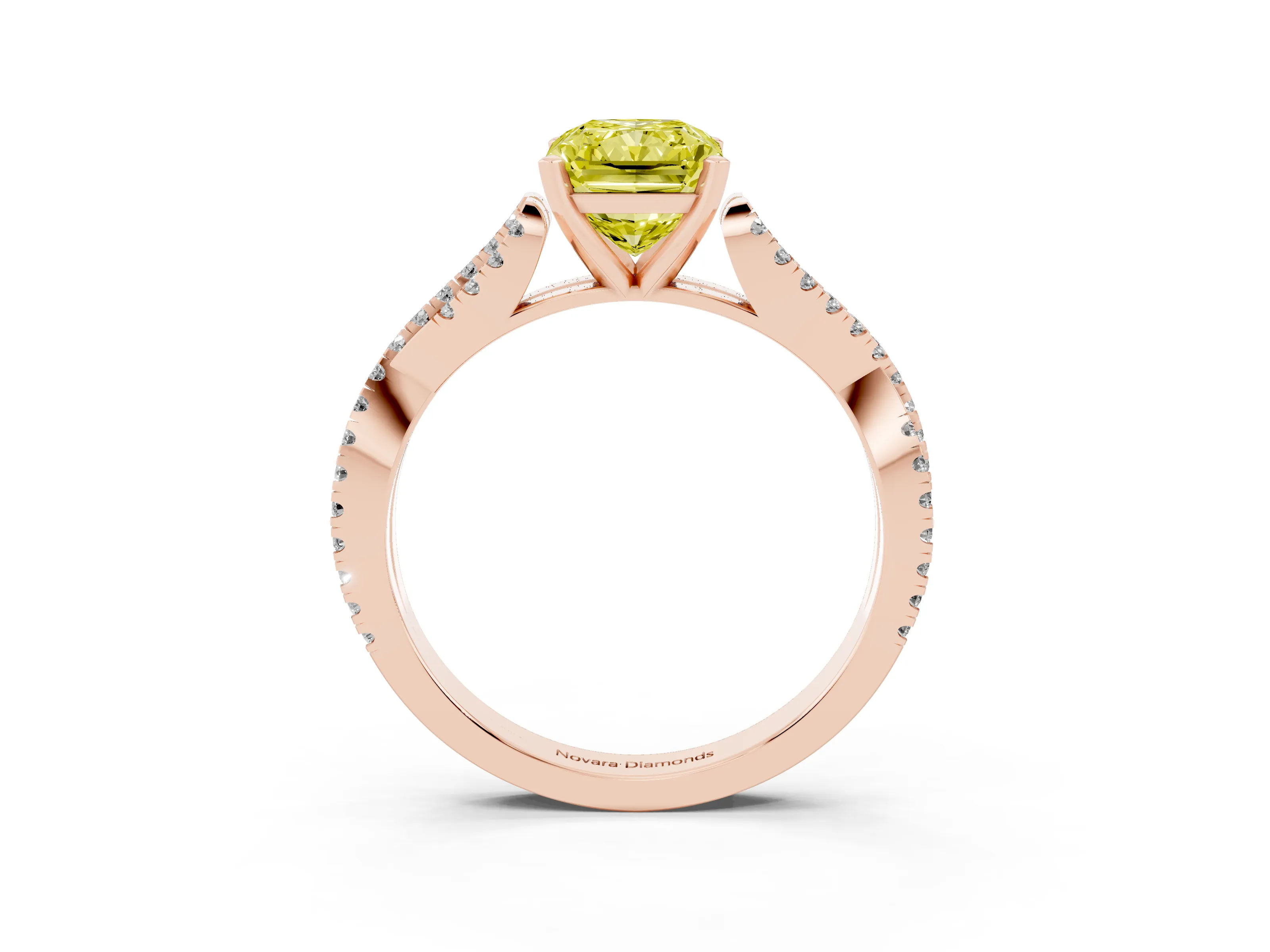Fancy Yellow Radiant Cut Diamond Solitaire Engagement Ring Set in Rose gold with Twisted Pavé Band and Prong Setting