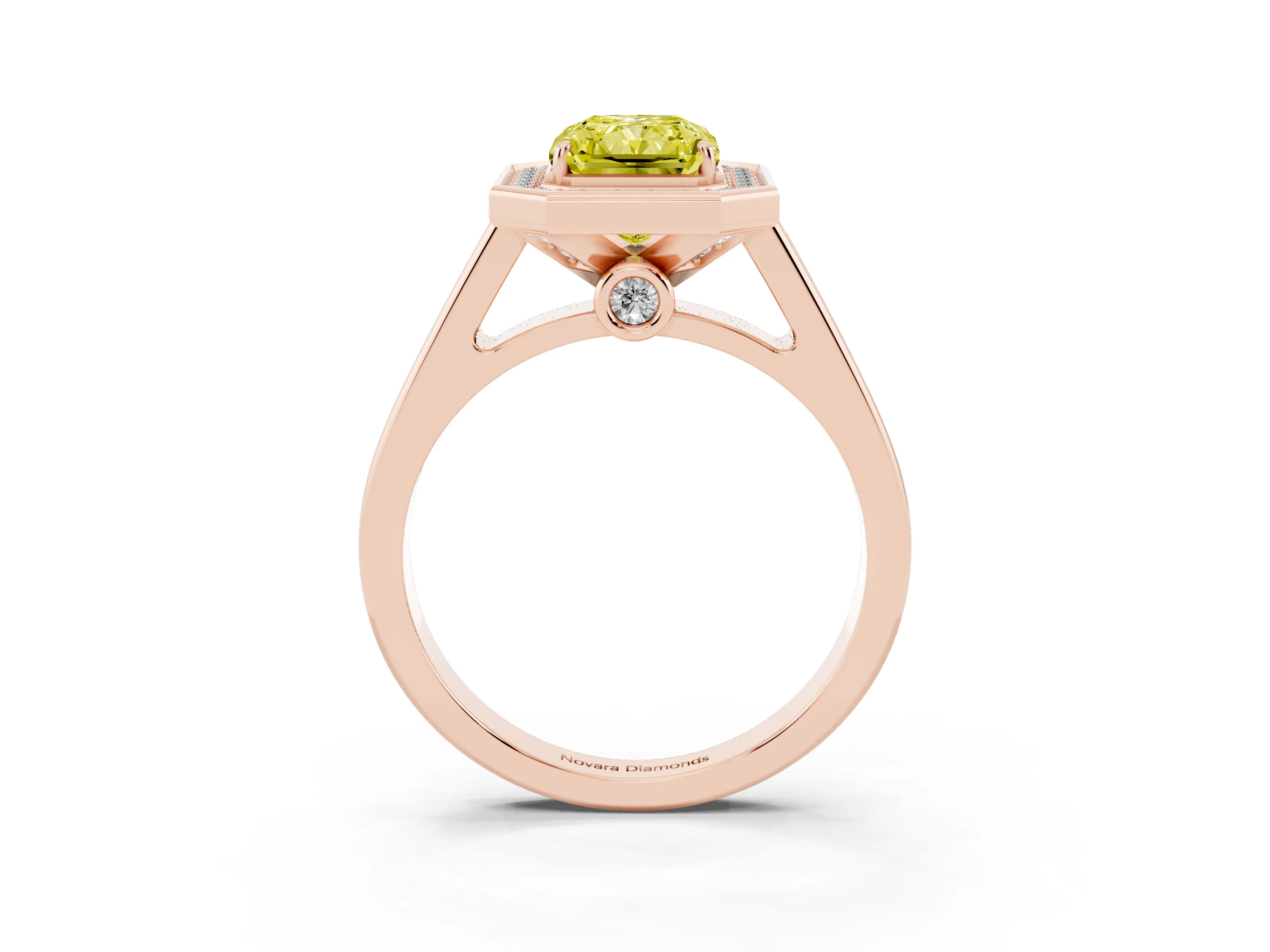 Fancy Yellow Radiant Cut Diamond Halo Solitaire Ring Set in Rose gold with Pavé Band and Bezel Setting