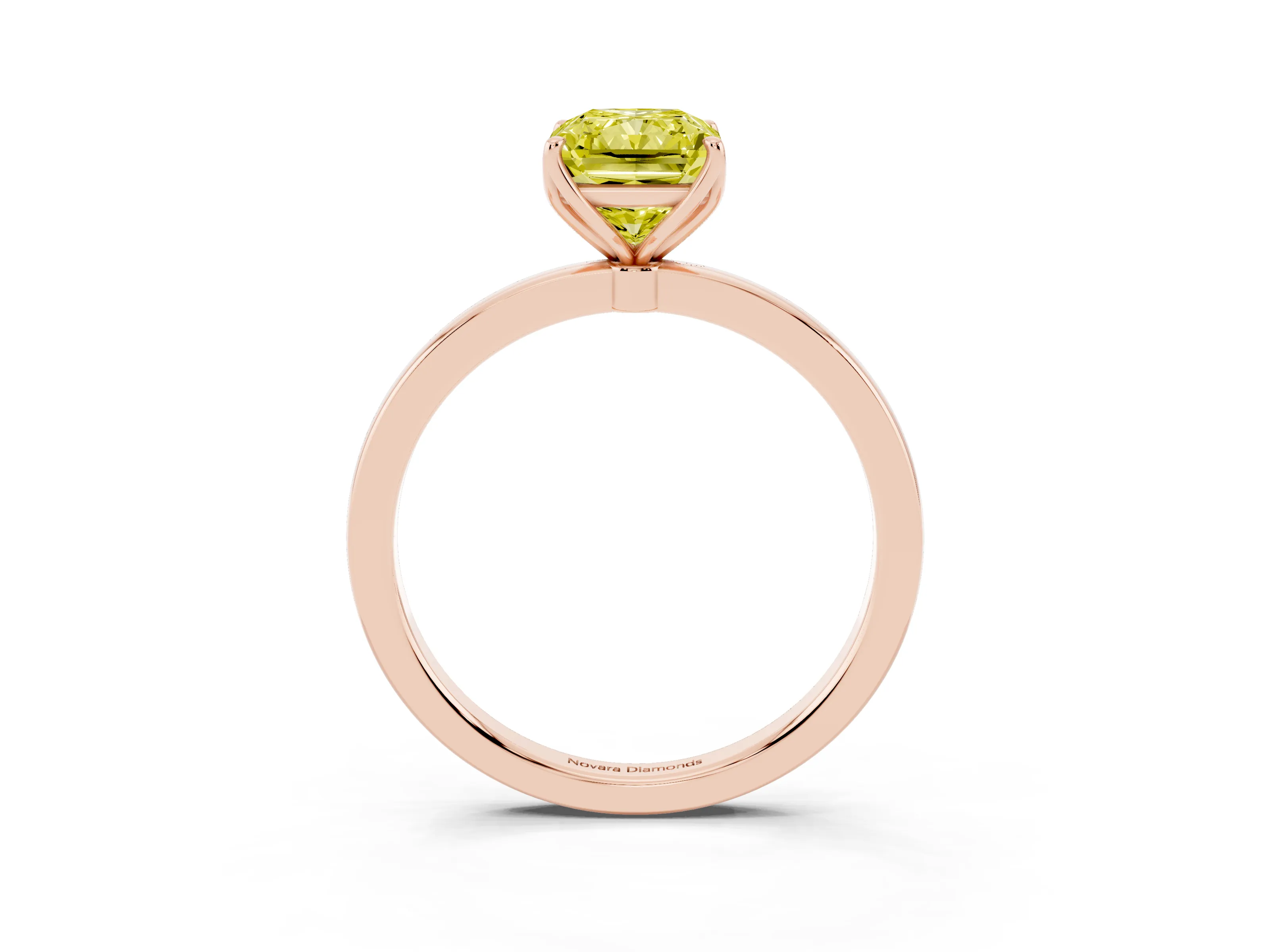 Fancy Yellow Radiant Cut Diamond Solitaire Ring Set in Rose gold with Prong Setting and Thin Polished Band