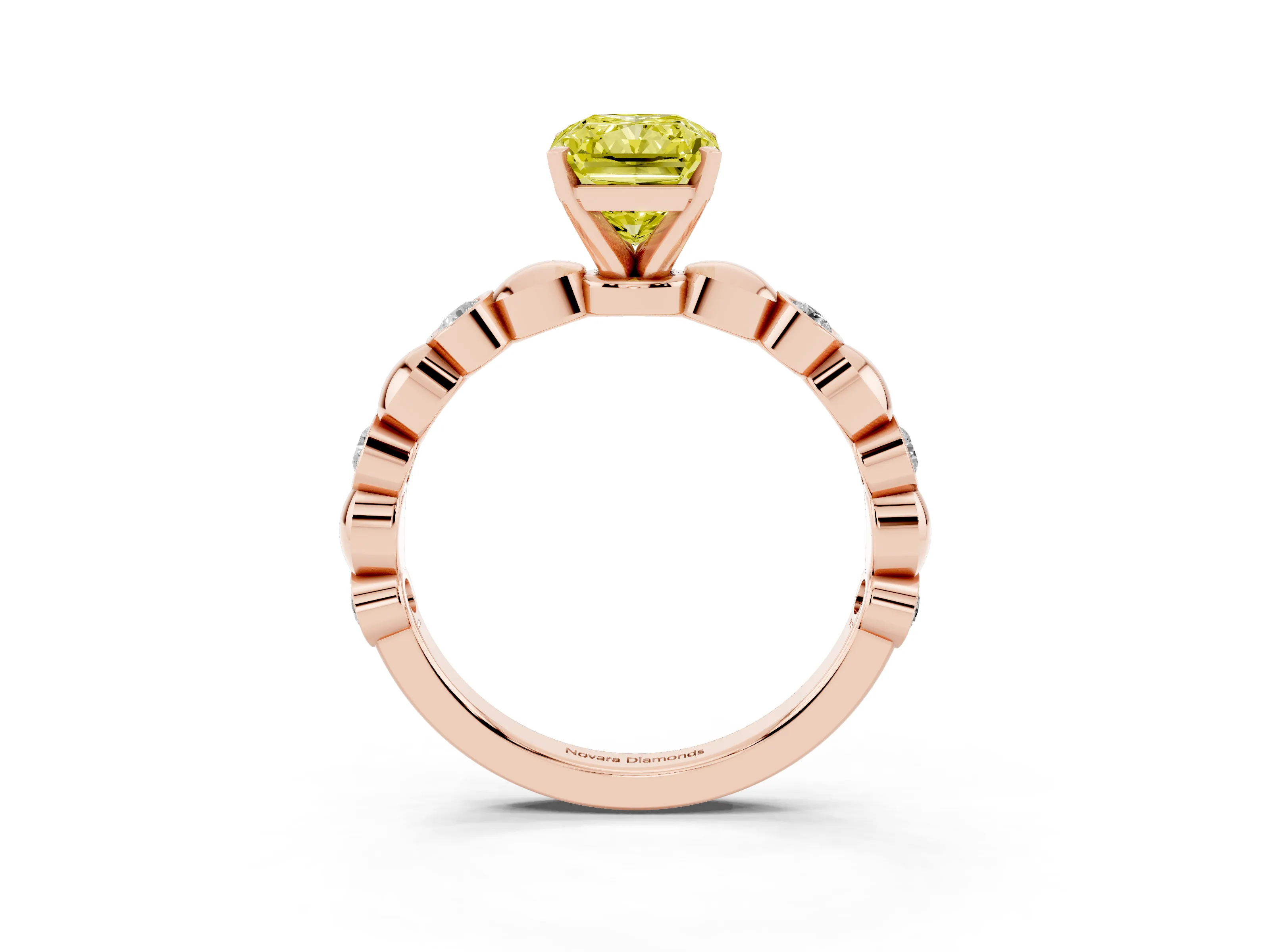 Fancy Yellow Radiant Cut Diamond Solitaire Ring Set in Rose gold with Bezel-Set Accents on Beaded Band and Prong Setting