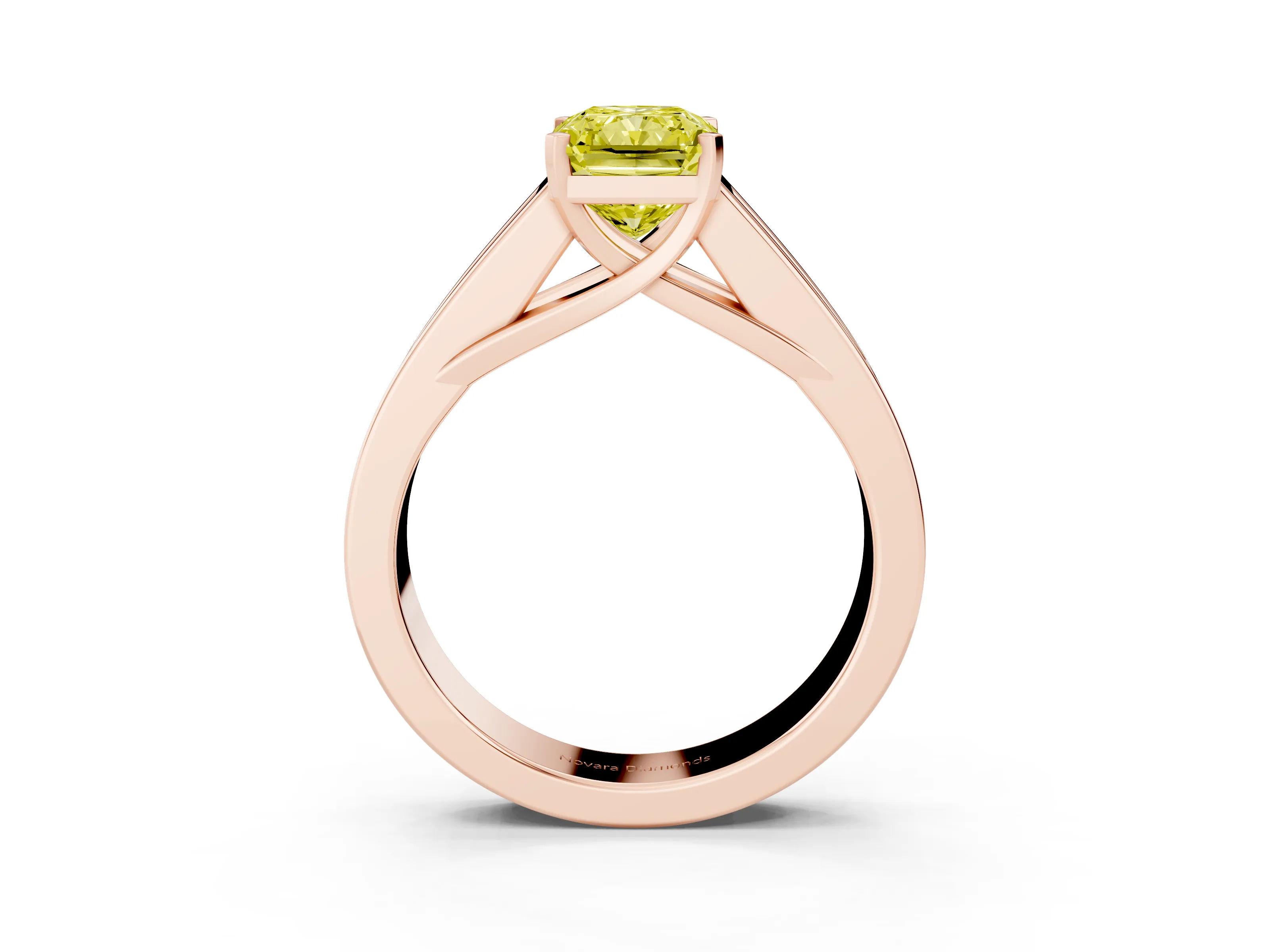 Fancy Yellow Radiant Cut Diamond Solitaire Ring Set in Rose gold with Channel-Set Accent Stones and Prong Setting