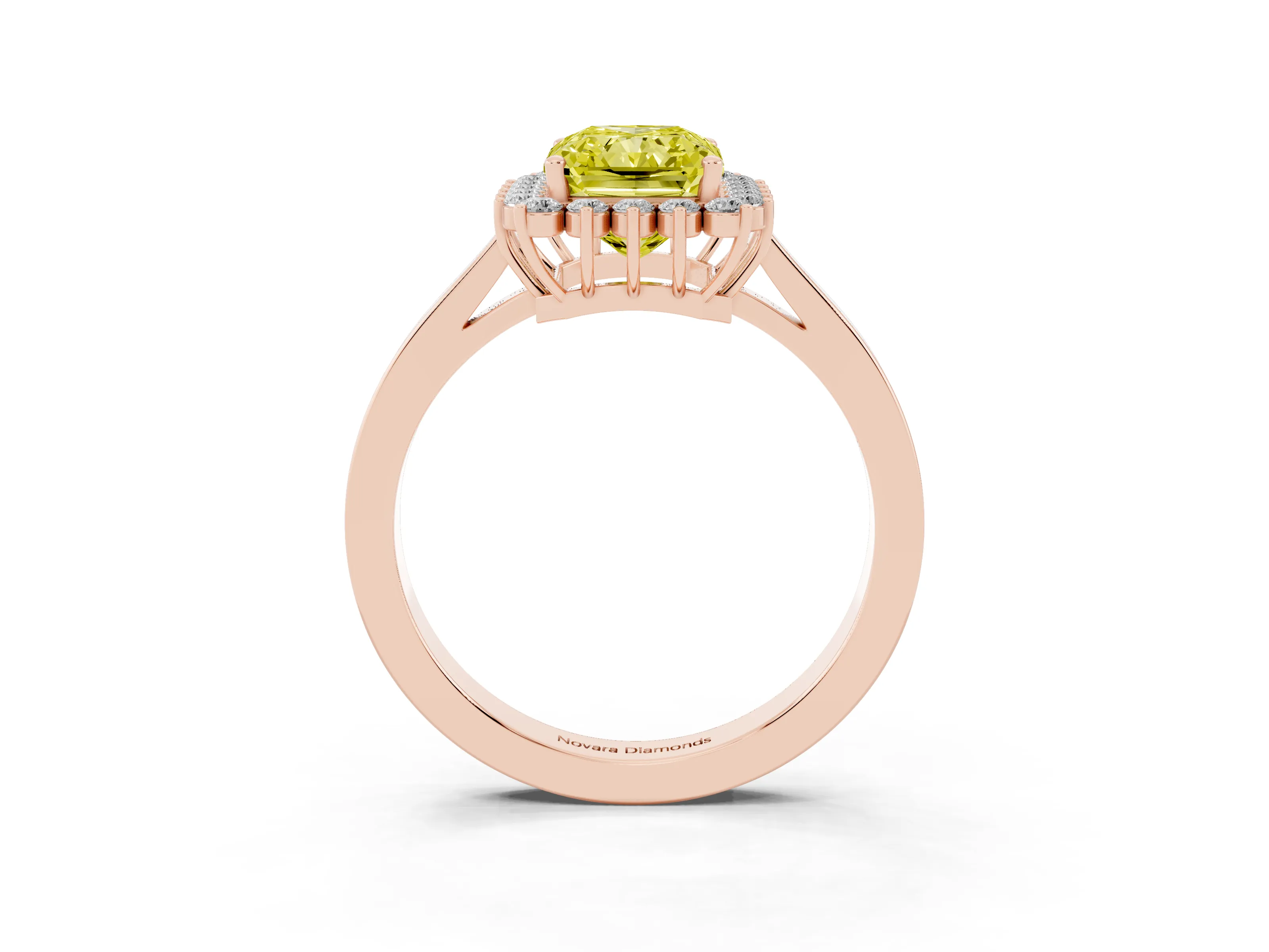 Fancy Yellow Radiant Cut Diamond Halo Ring Set in Rose gold with Round Halo and Smooth Solitaire Band