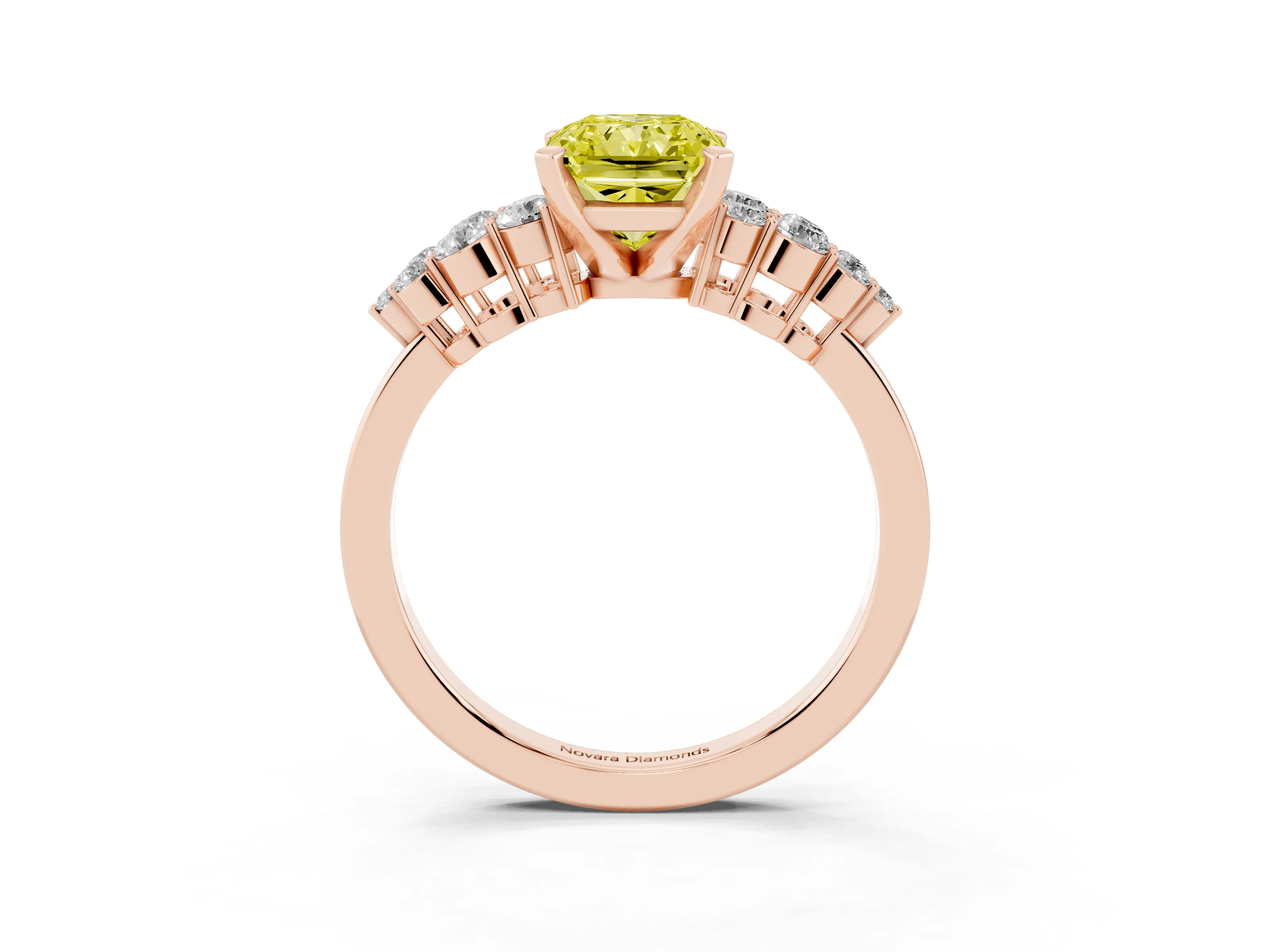 Fancy Yellow Radiant Cut Diamond Cluster Engagement Ring Set in Rose gold with Pavé Band and Prong Setting