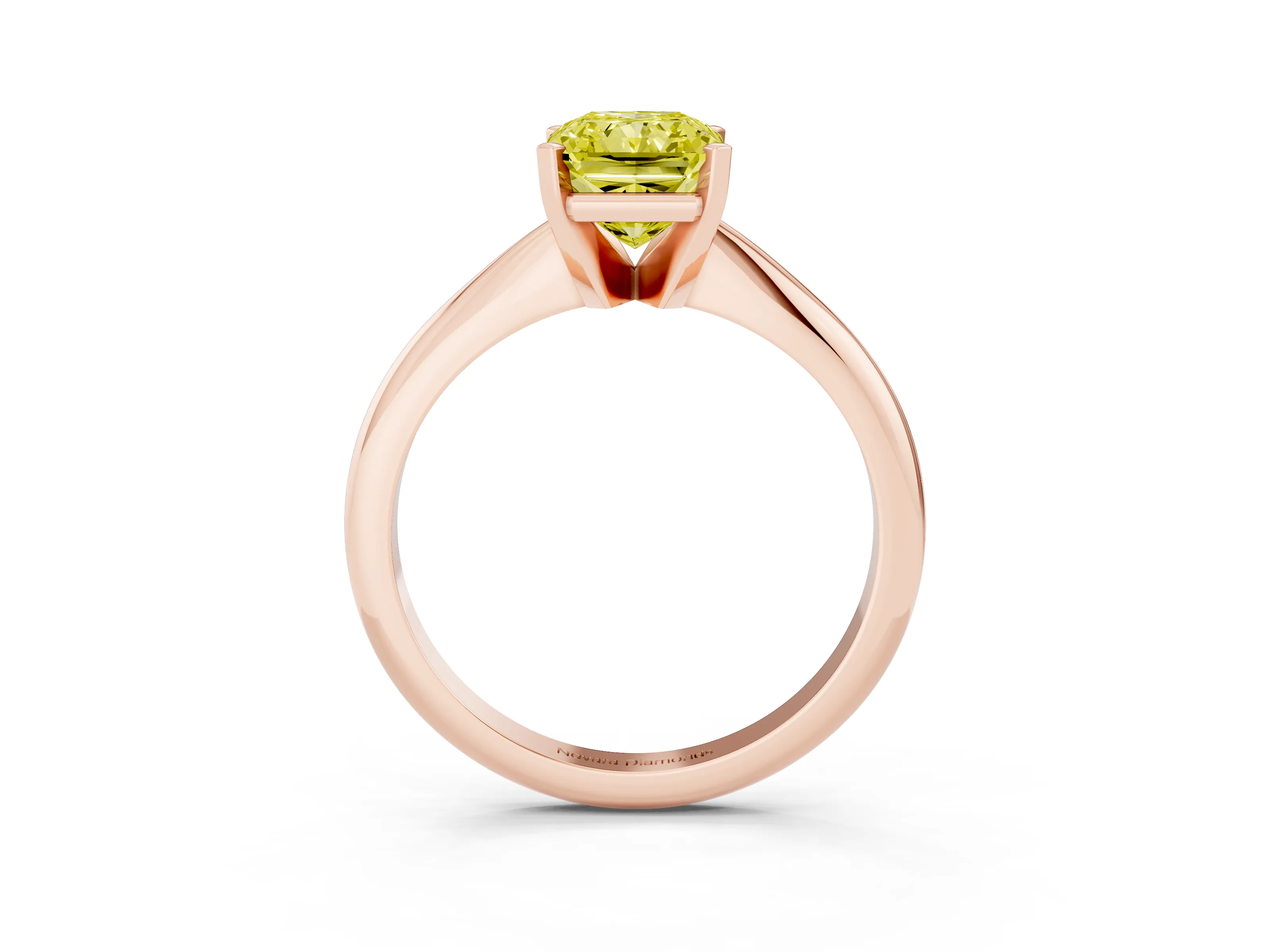Fancy Yellow Radiant Cut Diamond Solitaire Ring Set in Rose gold with Prong Setting on a Plain Round Band